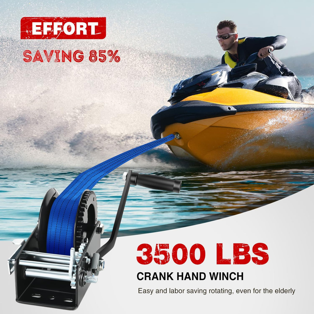 Boat Trailer Winch 3500 LBS Hand Crank Winch Heavy Duty Boat Winches with 33 FT Blue Strap Rope Hook Two Way Ratchet 4:1 8:1 Gear Portable Marine Manual Winch for Trailers Boat RV ATV Towing