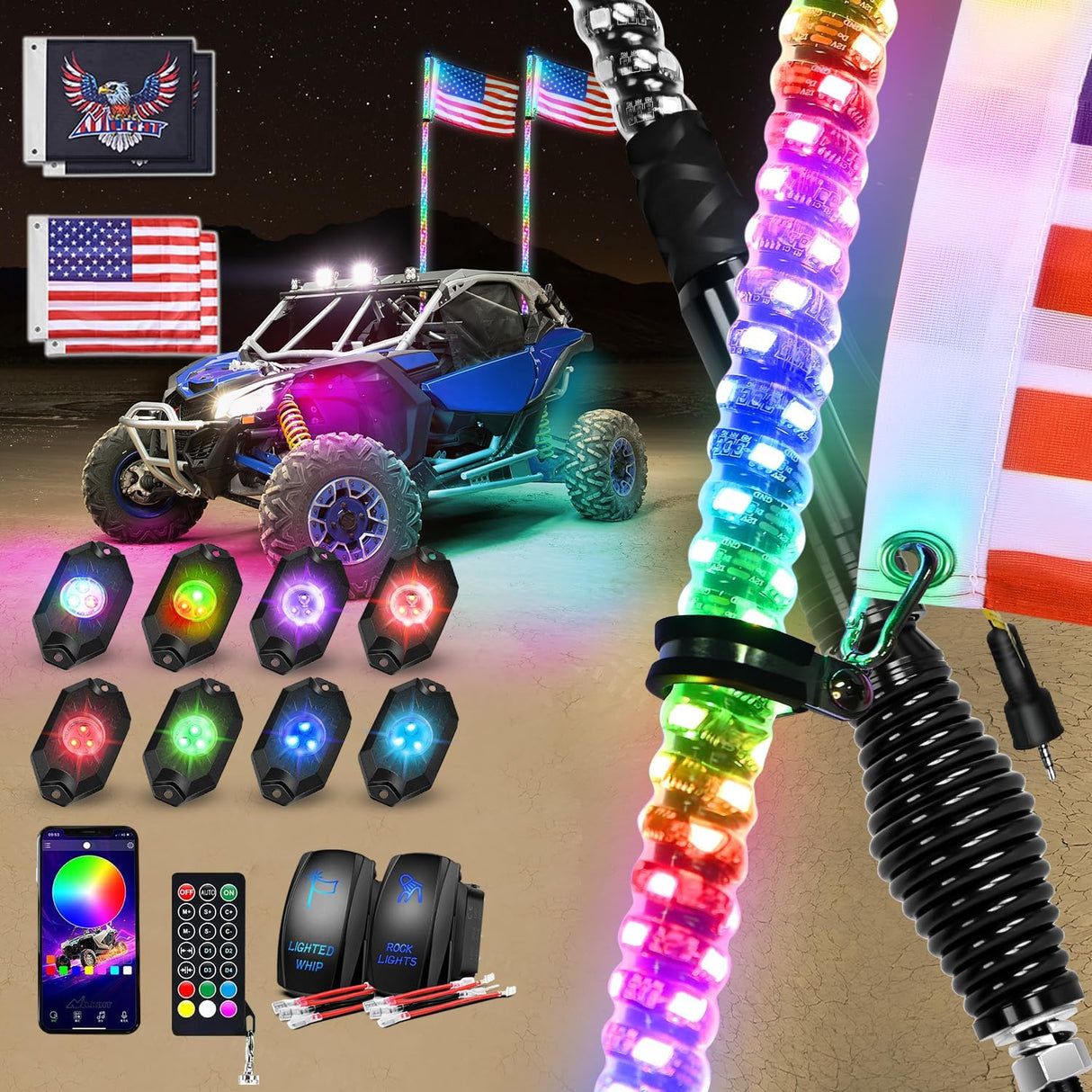 RGB LED Whip Light 2PCS 4FT with 8 Rock Lights Combo | APP and Remote Control with DIY Chasing Patterns Turn Signal Brake Reverse Functions and Spring Base for ATV UTV Jeep