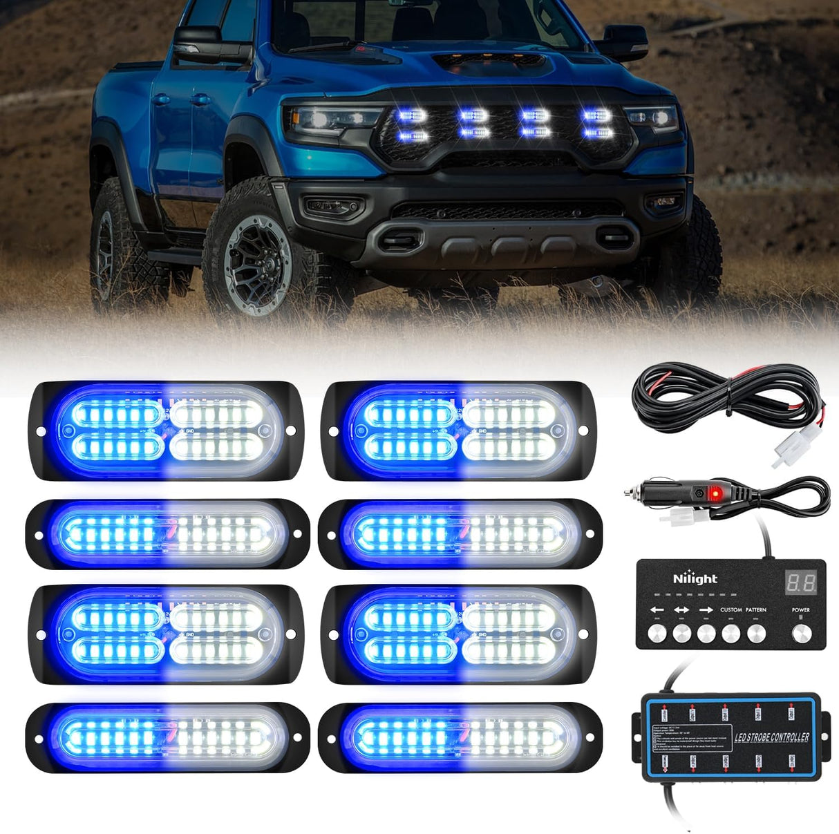 8PCS Led Strobe Lights with Controller 12V 24V Sync Feature Blue White Emergency Hazard Warning Light 12 24 LED Surface Mount for Vehicle Car Truck RV ATV