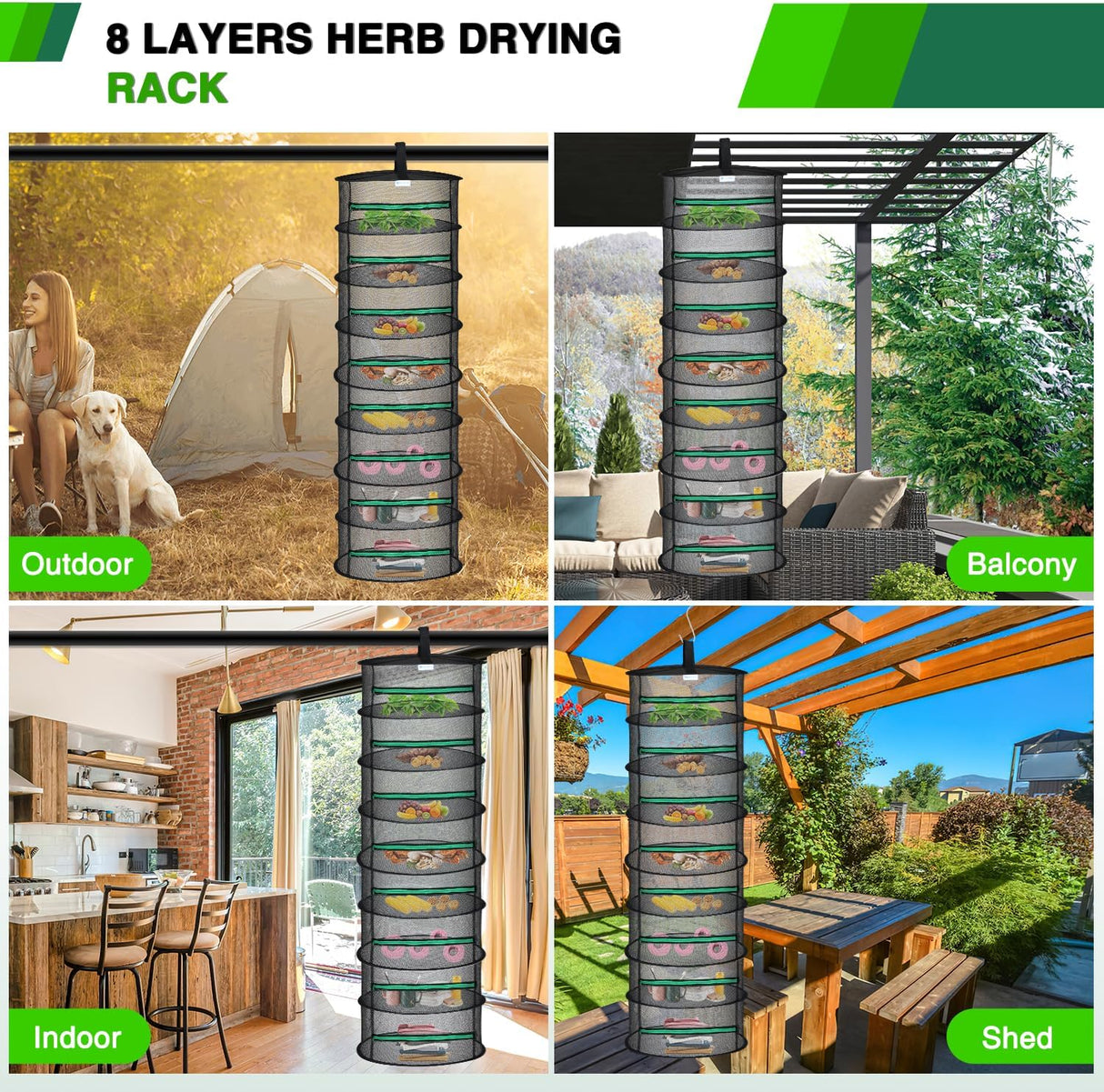 8 Layer Herb Drying Rack Hanging Mesh Net Foldable Plant Drying Racks 24 Inch w Green Zipper Pruning Shears Hook Dryer Hanging Rack for Herbs Seed Bud Fruit Clothes Grow Tent Closets Garden Outdoor