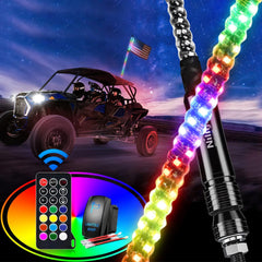 2FT Spiral Antenna Led Whip Light RF Remote Control | 8.6FT Wire 5Pin Switch