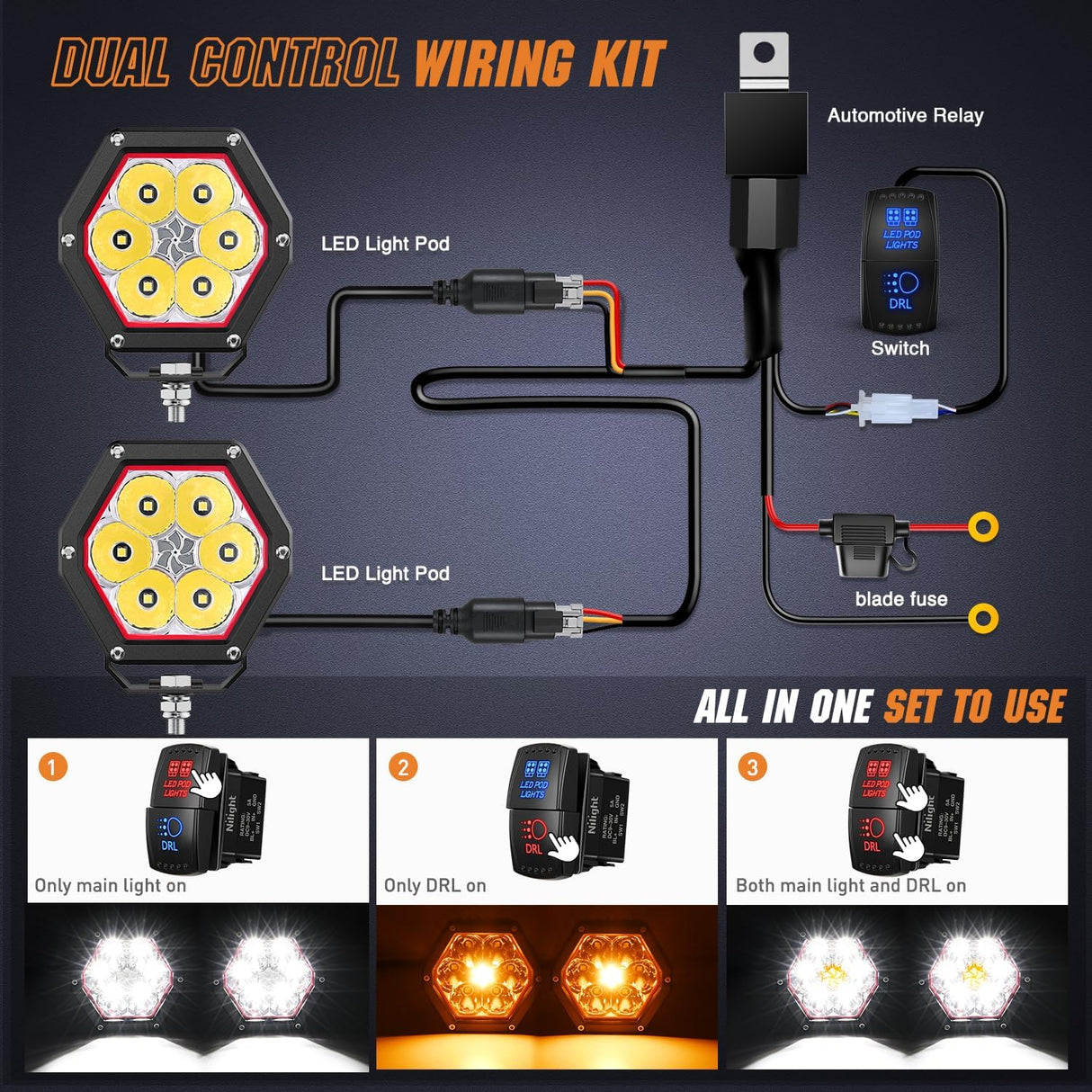 LED Pod Lights with Amber DRL 4 Inch 30 W Hexagon Offroad Driving 2600 LM Super Spot Light 16 AWG Wiring Harness Kit for LED Auxiliary Work Lights for Truck UTV ATV SUV 4x4