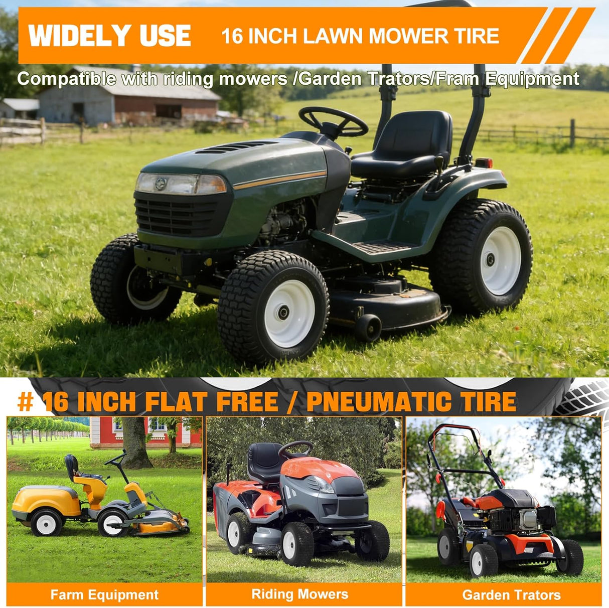 16x6.50-8 Solid Lawn Mower Tires, Flat Free Polyurethane Replacement Wheels with 1 Inch Axle Bore & 3 Inch Centered Hub, Heavy Duty Riding Mower Tire, 2 Pack