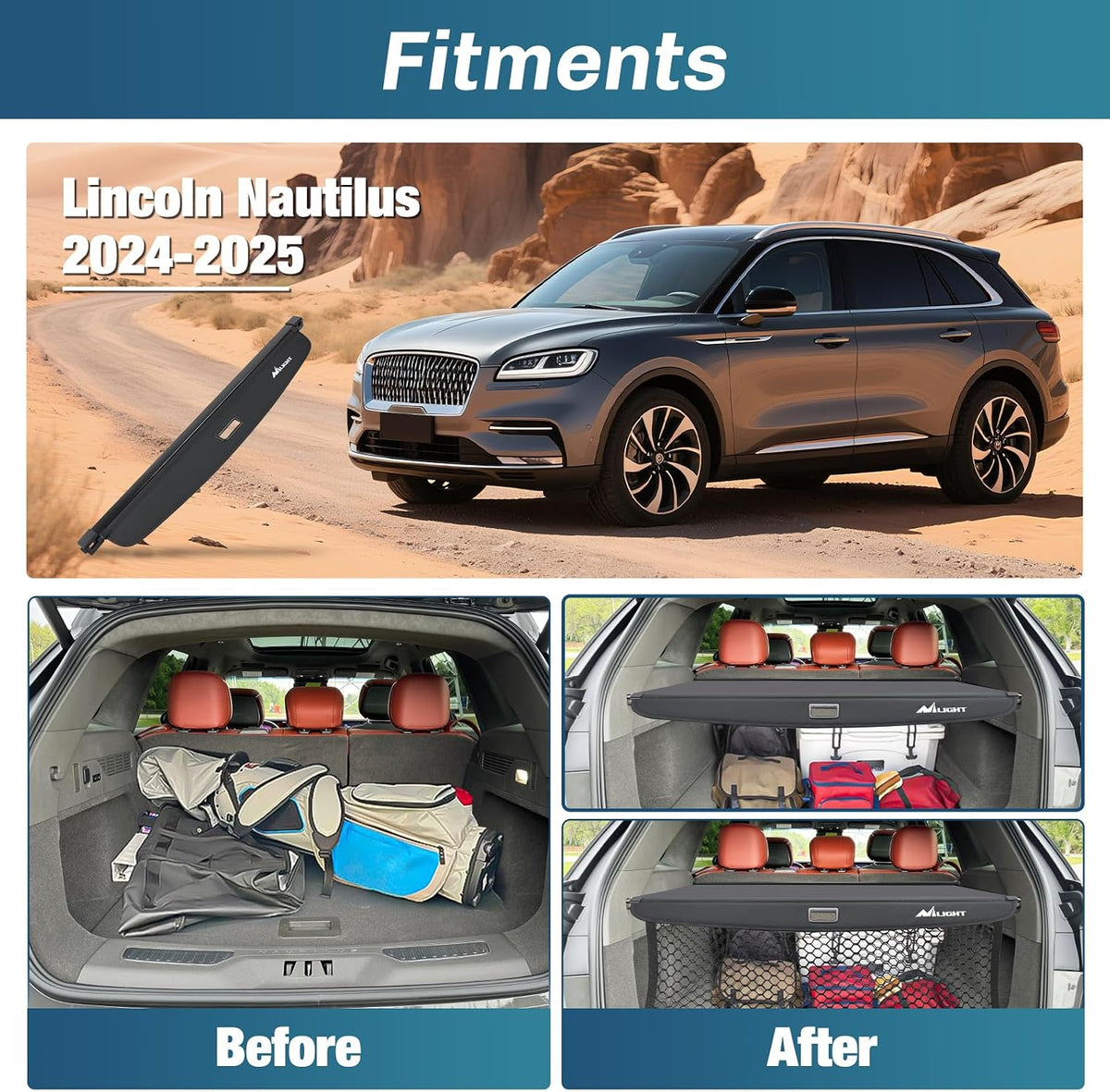 Trunk Cargo Cover Fit for Lincoln Nautilus 2024 2025 2026 | Retractable Security Shade, Includes Trunk Storage