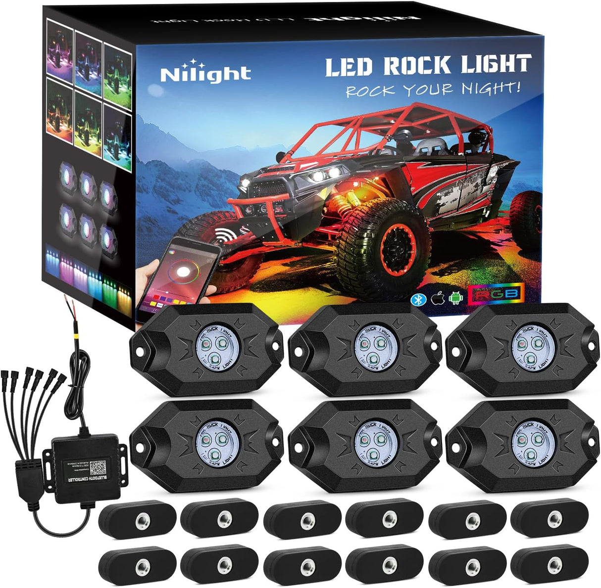 RGB LED Rock Lights Kit 6PCS Bluetooth App Control Multicolor | Magnetic Base Underglow Neon Light Pods IP68 Waterproof Flashing Music Mode for Truck ATV UTV RZR SUV