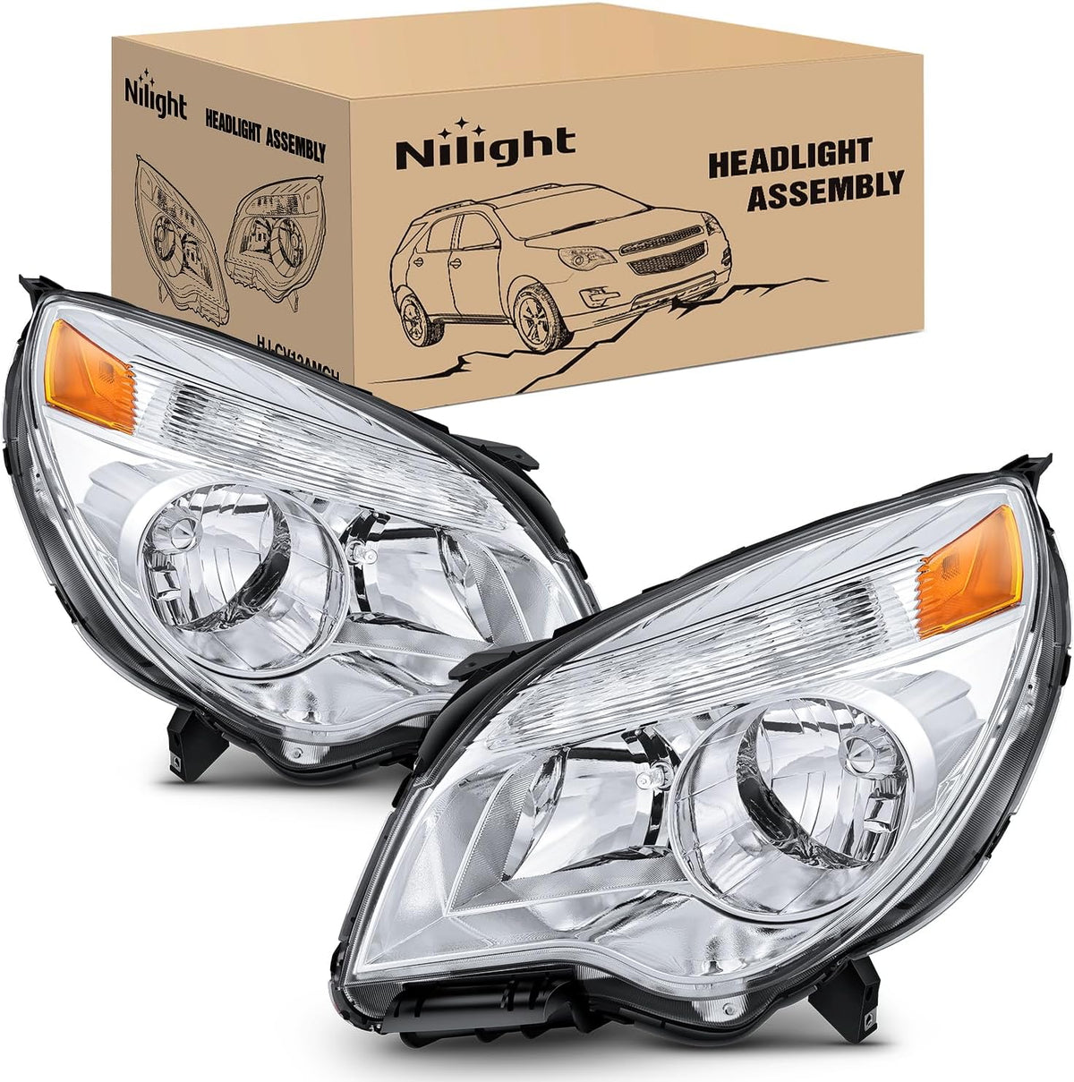 Headlight Assembly Compatible with 2010 2011 2012 2013 2014 2015 Chevy Chevrolet Equinox LS/LT Replacement Halogen Headlights OE Style Chrome Housing Amber Reflector Headlamp a pair