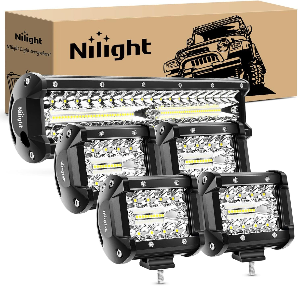LED Light Bar 12 Inch 300W 4Pcs 4 Inch 60W Spot Flood Pods Off Road Driving Fog Work Lighting for Truck Tractor Pickup Boat SUV ATV UTV Car 4x4 Van Camper Motorcycle Dirt Bike Golf Cart