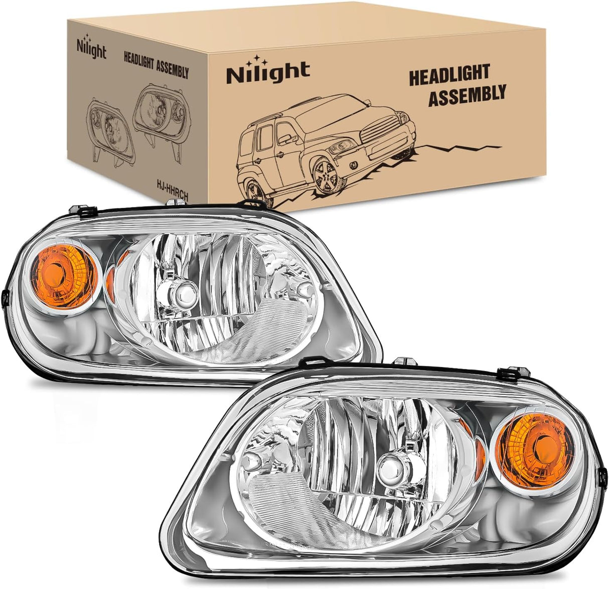 Headlight Assembly Compatible with 2006 2007 2008 2009 2010 2011 Chevy HHR Halogen Type Factory OE Style Chevrolet HHR Replacement Chrome Housing Amber Reflector Passenger and Driver Side