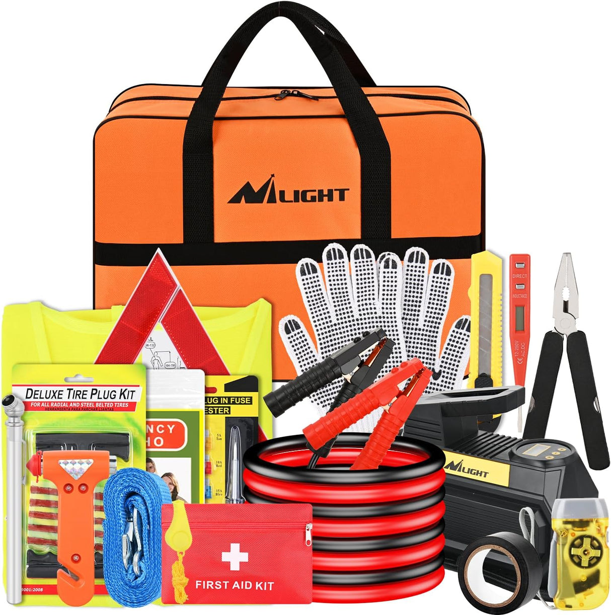 Car Emergency Kit with Jumper Cable Air Compressor Tire Repair Essential Tools First Aid Alligator Connector Electrical Kit for Travel Camping Outdoor Cars Truck SUV RV