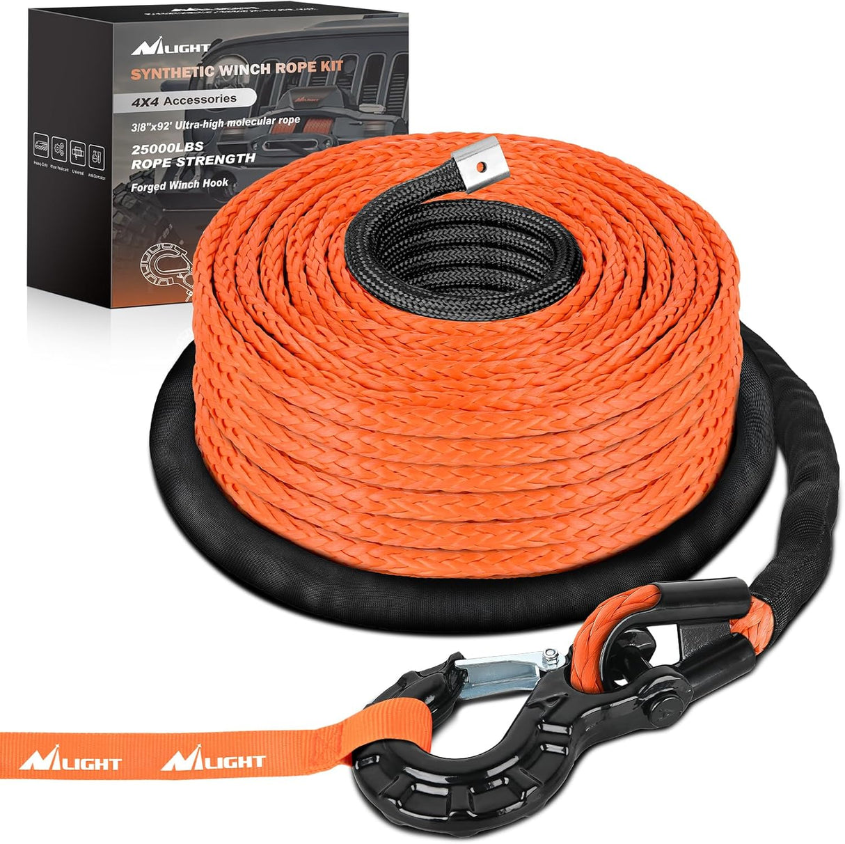 Synthetic Winch Rope Kit 3/8 Inch X 92 Inch 25000 lb with Black Jacket Rope Protective Sleeve Forged 35000lb Winch Hook Safety Strap Winch Cable Line for OffRoad Vehicle Recovery Truck SUV ATV, Orange