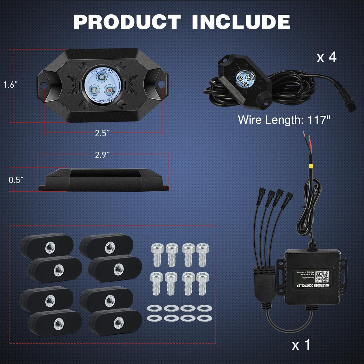 RGB LED Rock Lights Kit 4PCS Bluetooth App Control Multicolor | Magnetic Base Underglow Neon Light Pods IP68 Waterproof Flashing Music Mode for Truck ATV UTV RZR SUV