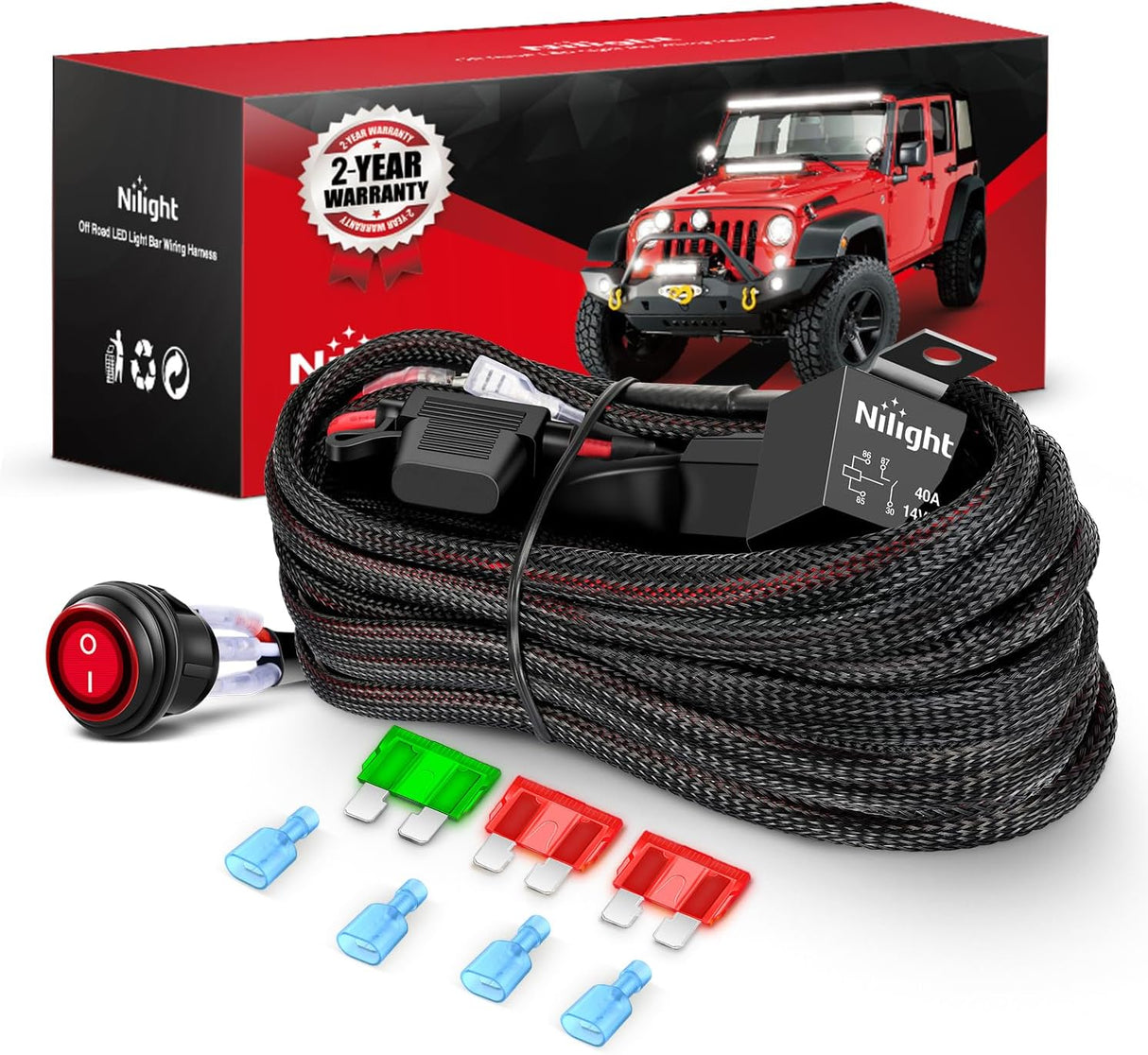 Wiring Harness Kit Nylon 12 AWG 2 Leads 12 V On Off Switch Power Relay Blade Fuse for LED Light Bar Off Road Lights on Cars Jeep Boat Trucks