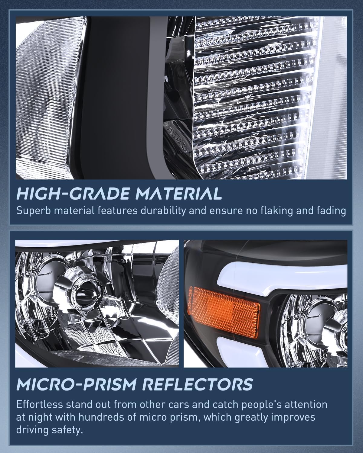 LED DRL Headlight Assembly Compatible with 2014 2015 2016 2017 2018 2019 2020 2021 Toyota Tundra Clean Lens Black Housing Amber Reflector Clear Lens Headlamps Replacement