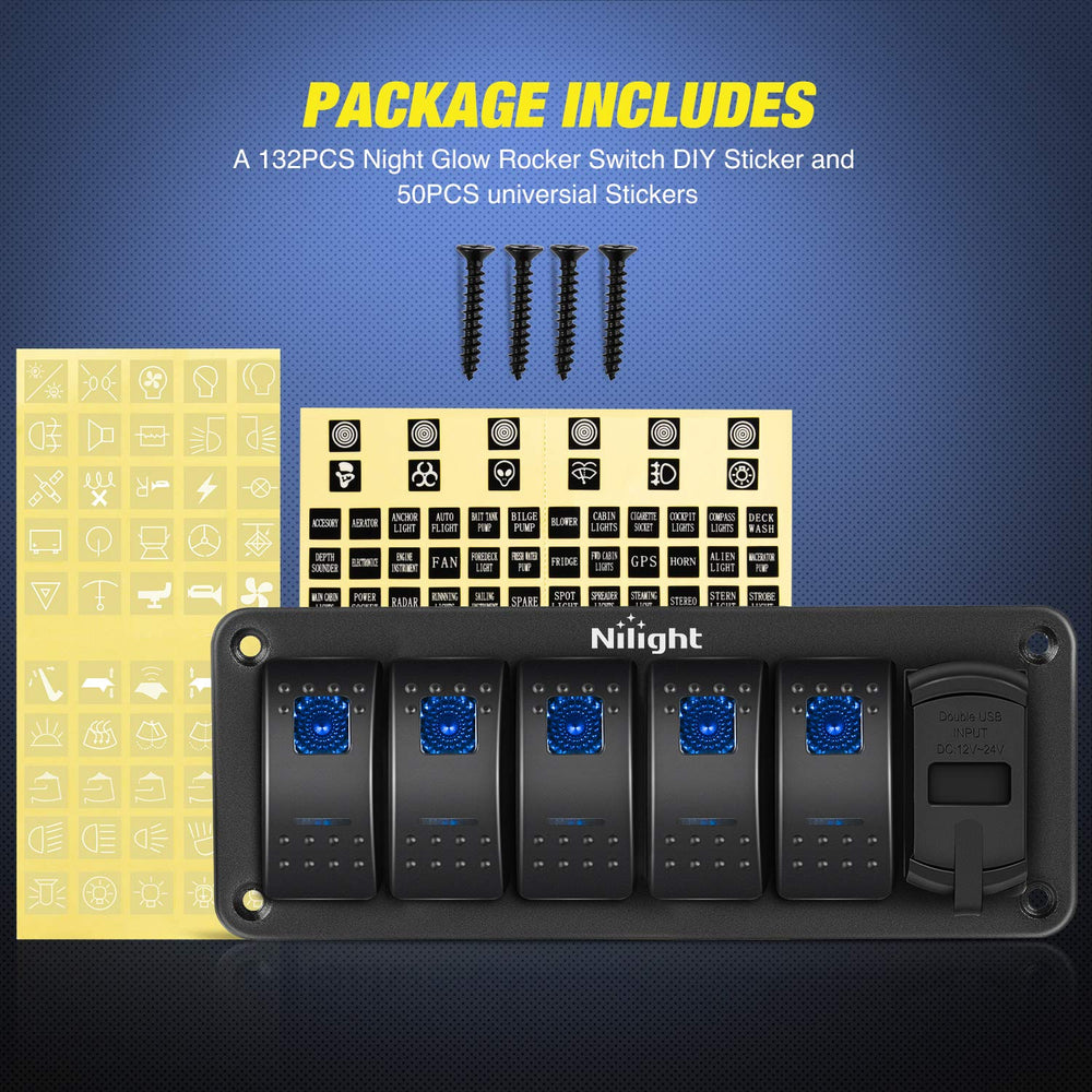 5Gang Aluminum 5Pin ON/Off Blue Rocker Switch Panel w/ PD Type C and USB Charger Voltmeter Nilight