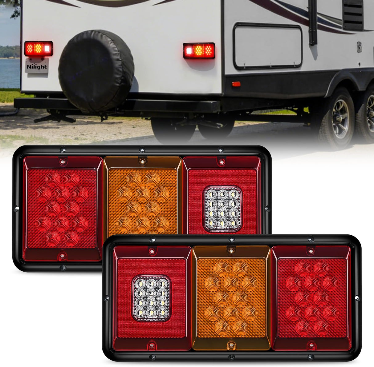 LED Triple Tail Lights 2PCS Rectangle Red Amber White Reverse | Surface Mount Waterproof Stop Brake Turn Signal Backup Lights for Trailer Camper Van RV Caravan Taillights