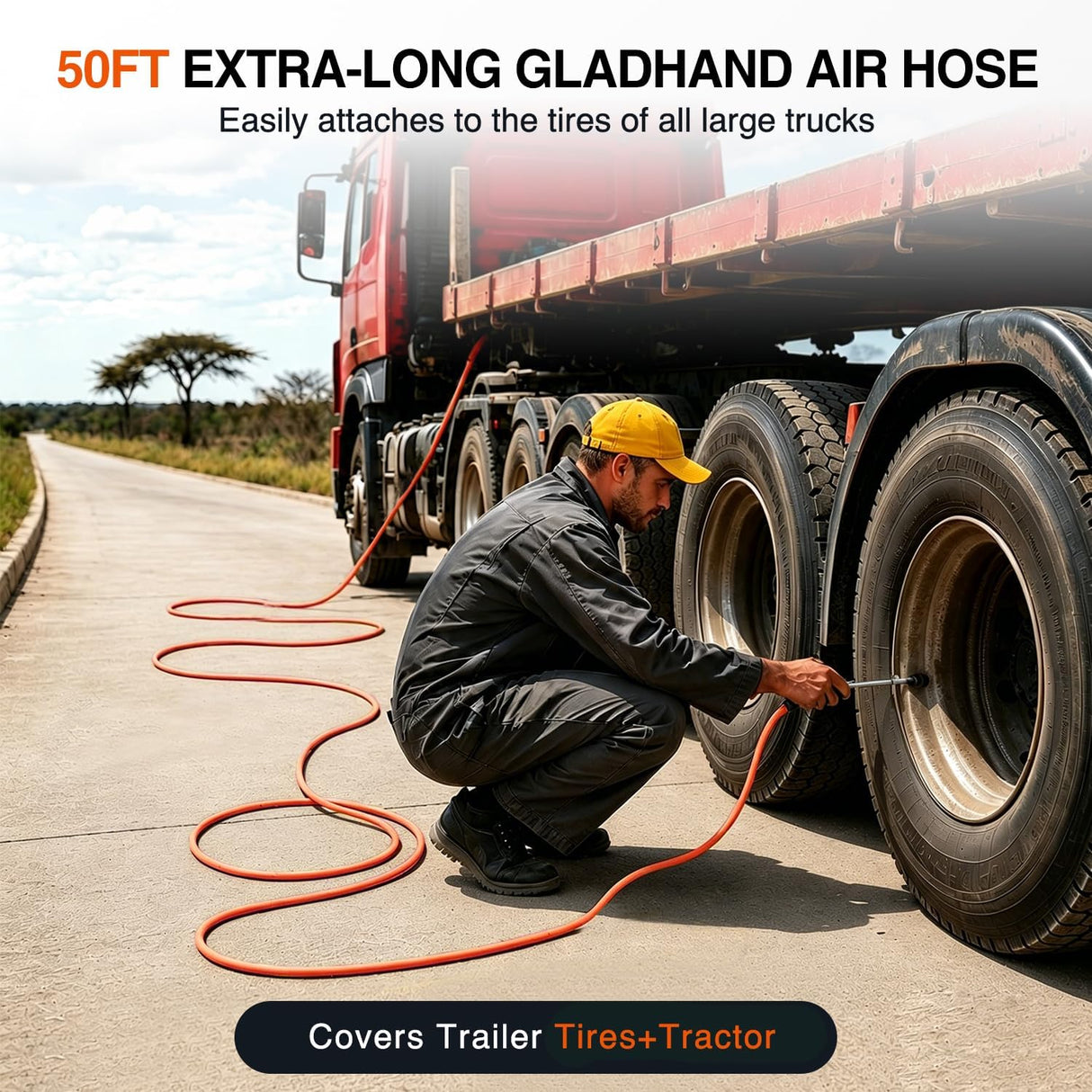 Heavy Duty Truck Tire Inflator Kit 3/8 in x 50 FT 300 PSI | Hybrid Air Hose with Universal Glad Hand and Air Chuck Lightweight Kink Resistant Semi Trailer Tractor Tire Inflation Hose