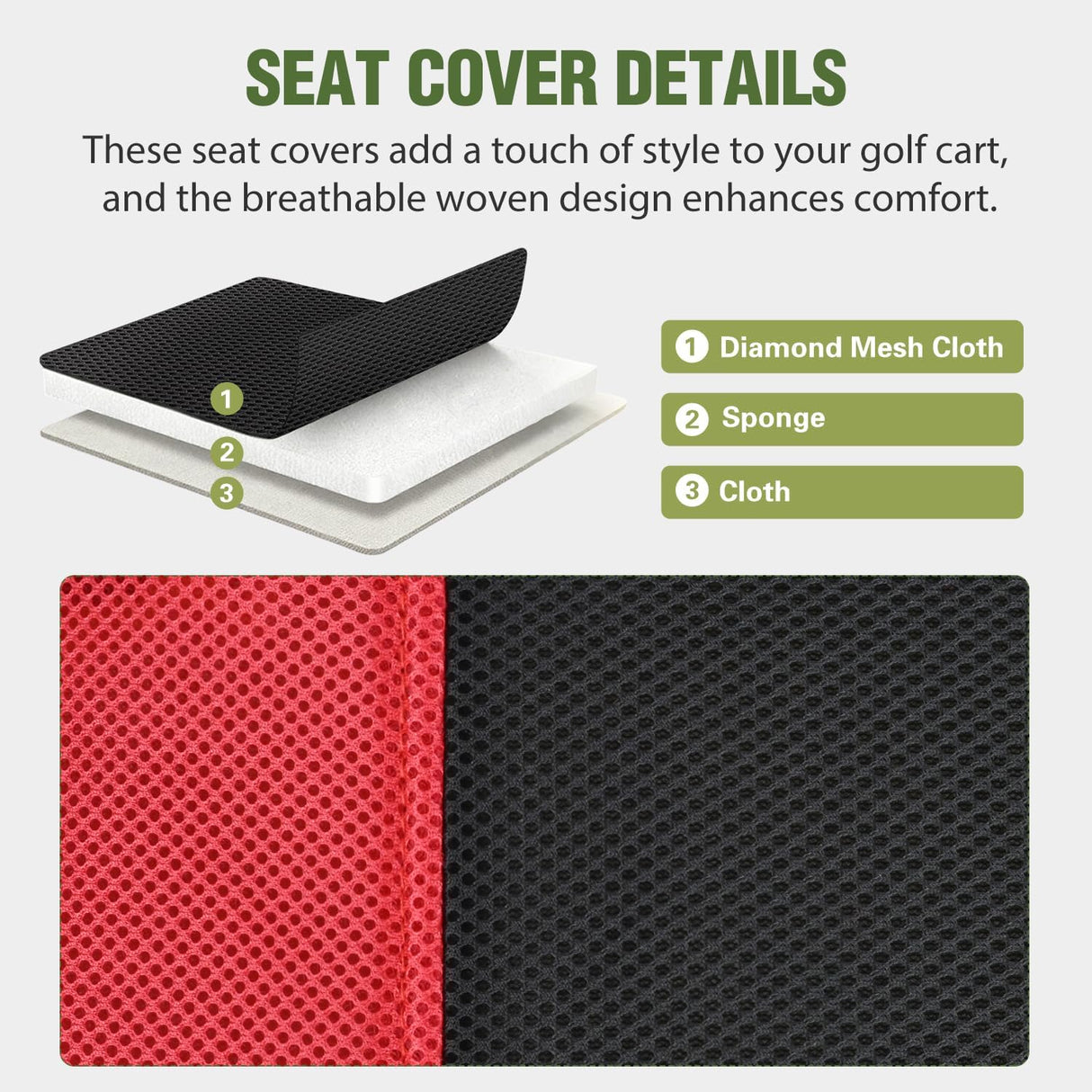 Golf Cart Seat Covers Set Red Black for Club Car DS Yamaha | Breathable Sandwich Mesh Sun Scratch Resistant Washable No Staple Fits 1982-2000 Club Car DS Yamaha G22 G19 G16 G9 G2