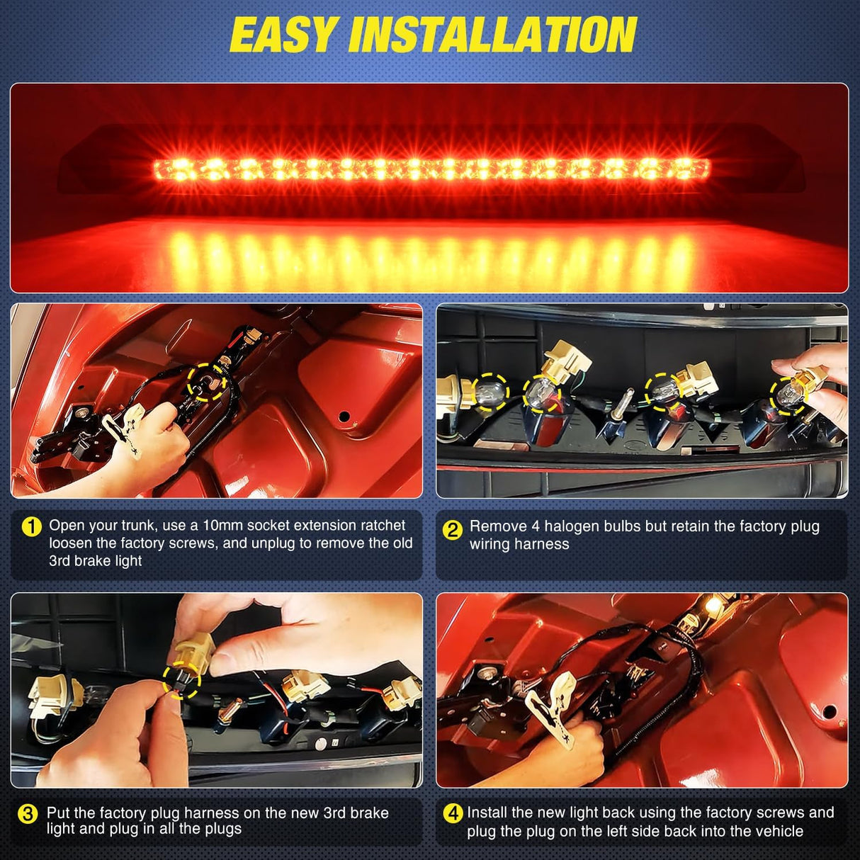 Third Brake Light for Ford Mustang 1999 2000 2001 2002 2003 2004 | for Ford Mustang 1999 2000 2001 2002 2003 2004, High Mount 3rd Stop LED Rear Cab Center Lamp Van SUV, Smoked Lens