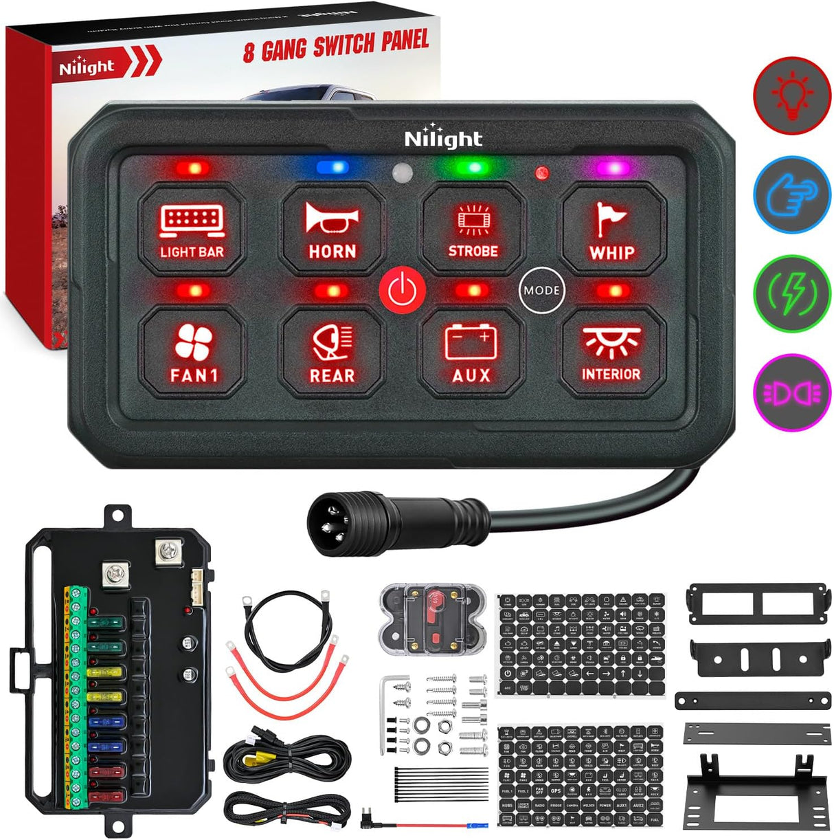 8 Gang Switch Panel Red Circuit Control Relay System with Fuse Wiring Harness Toggle Momentary Strobe Flash Modes Automatic Dimmable ON Off Pod 12V 24V for Car Truck Camper SUV