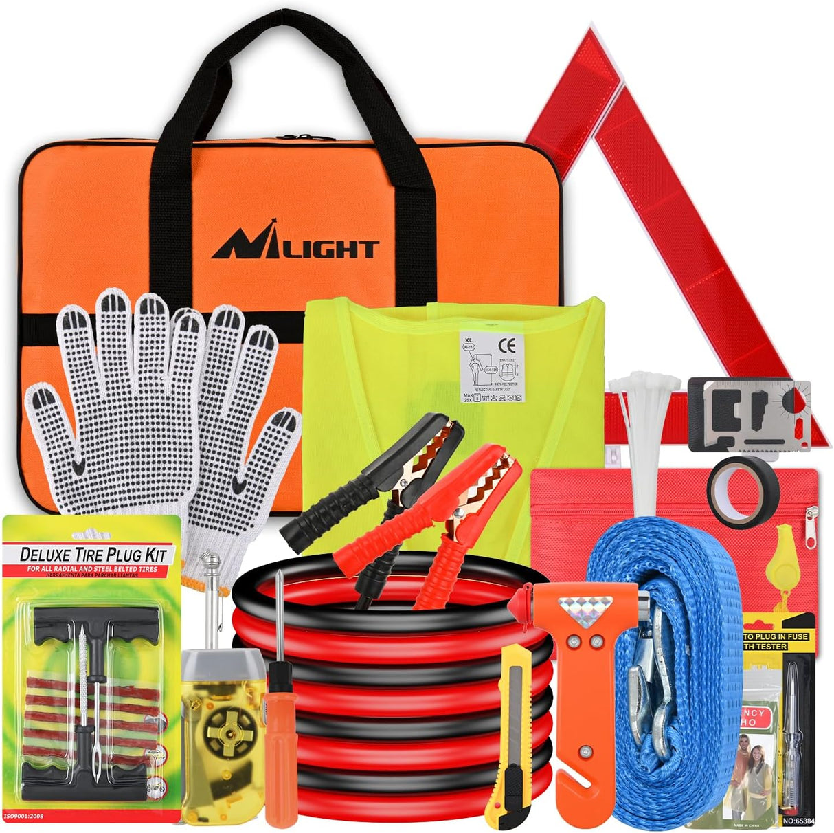 Car Emergency Kit with Jumper Cable Air Compressor Tire Repair Essential Tools First Aid Alligator Connector Electrical Kit for Travel Camping Outdoor Cars Truck SUV RV