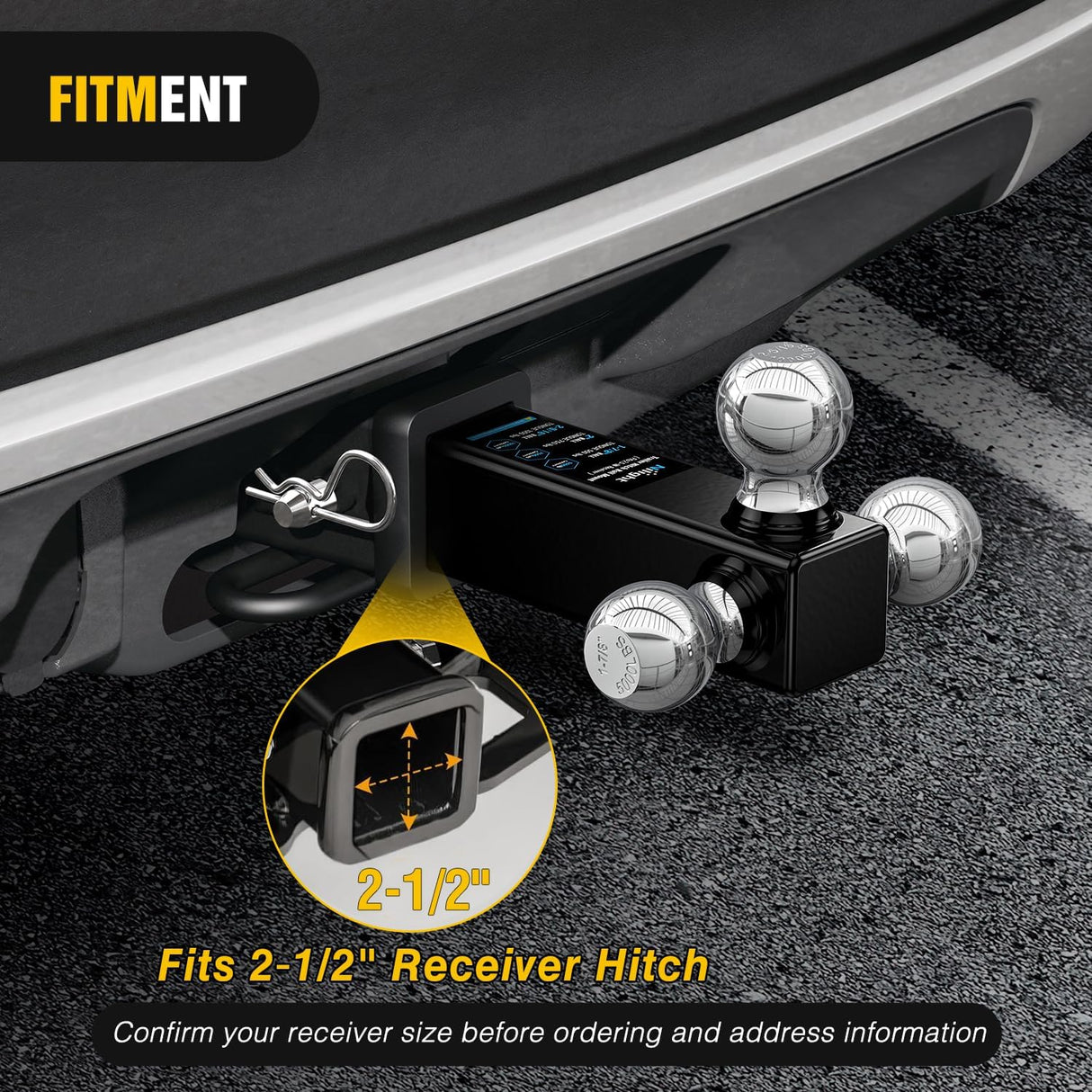 Multi-Ball Trailer Hitch Ball Mount, 1-7/8, 2, 2-5/16-Inch Balls, Triple Ball Mount fits 2-1/2-Inch Hitch Receiver, Chrome Plating
