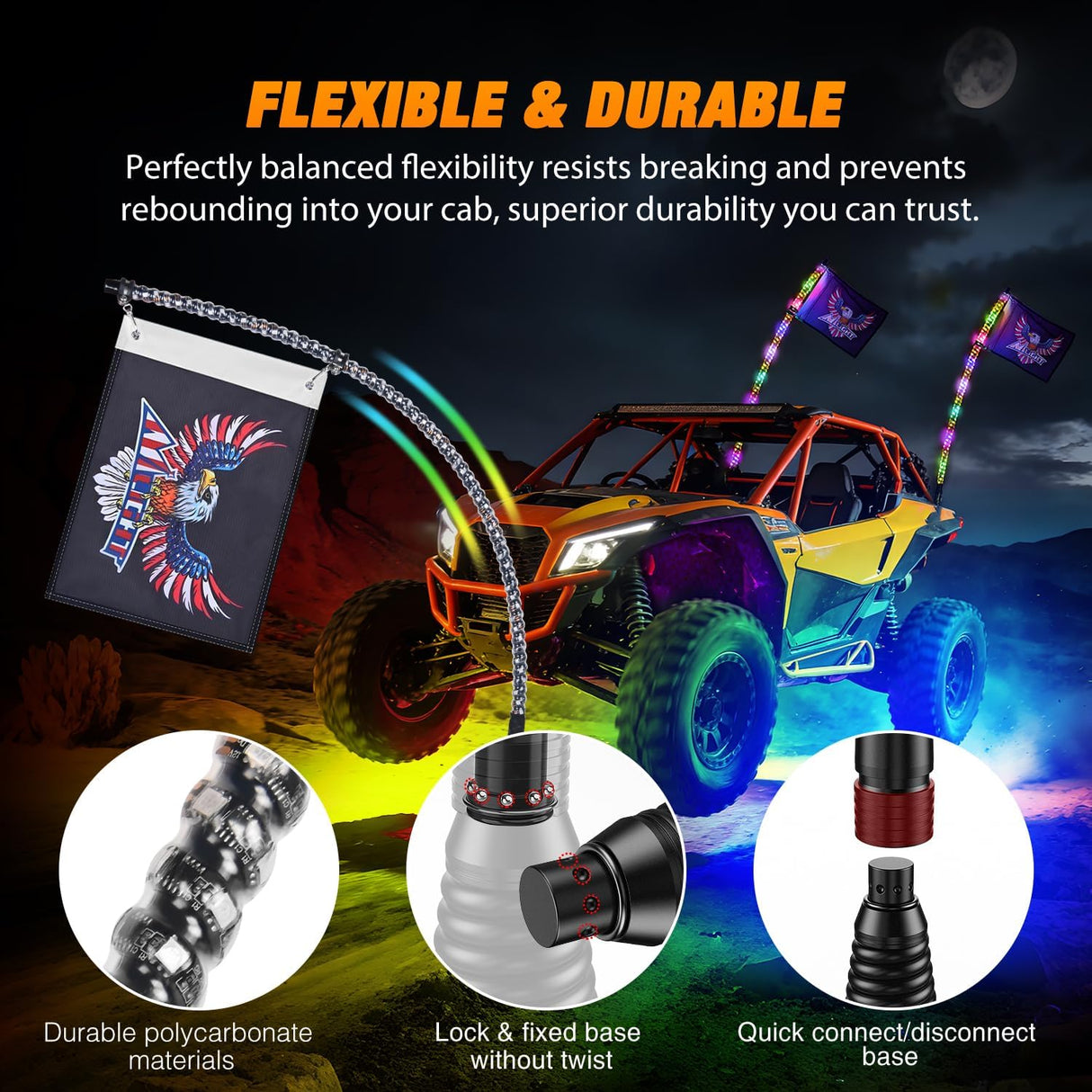 RGB LED Whip Light 2PCS 3FT with 4 Rock Lights Combo | APP and Remote Control with DIY Chasing Patterns Turn Signal Brake Reverse Functions and Spring Base for ATV UTV RZR and Jeep