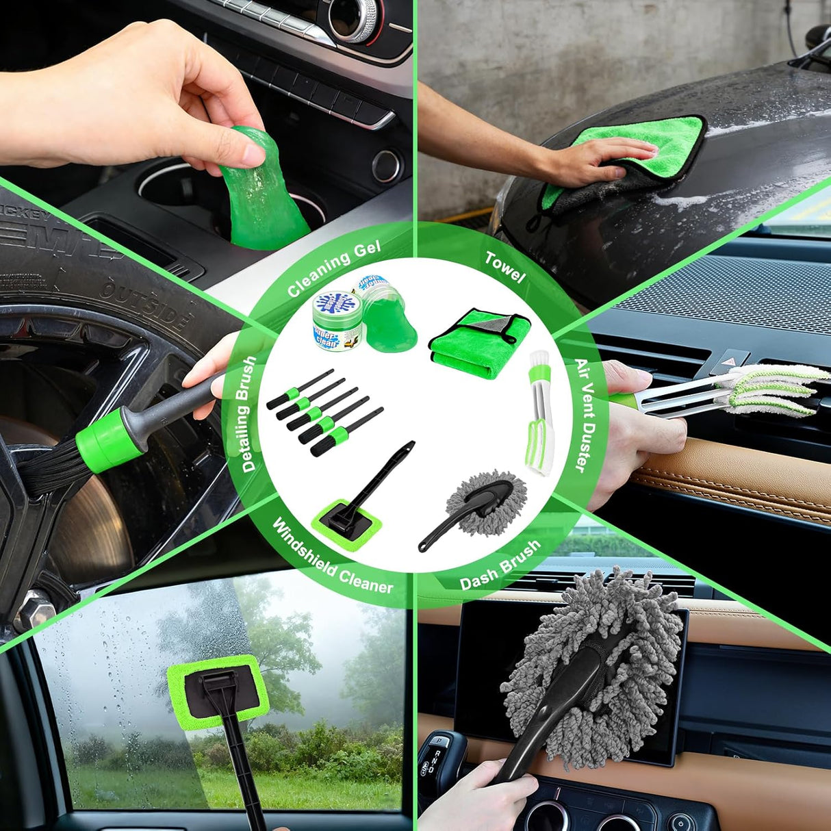 Automotive Tools 15PCS Car Detailing Kit Auto Cleaning Tools Wash Set with Storage Carry Bag Beginners Easy to Use for Interior Exterior Car Care Clean Windshield Dashboard Seat Air Vents Wheels Tires, Green