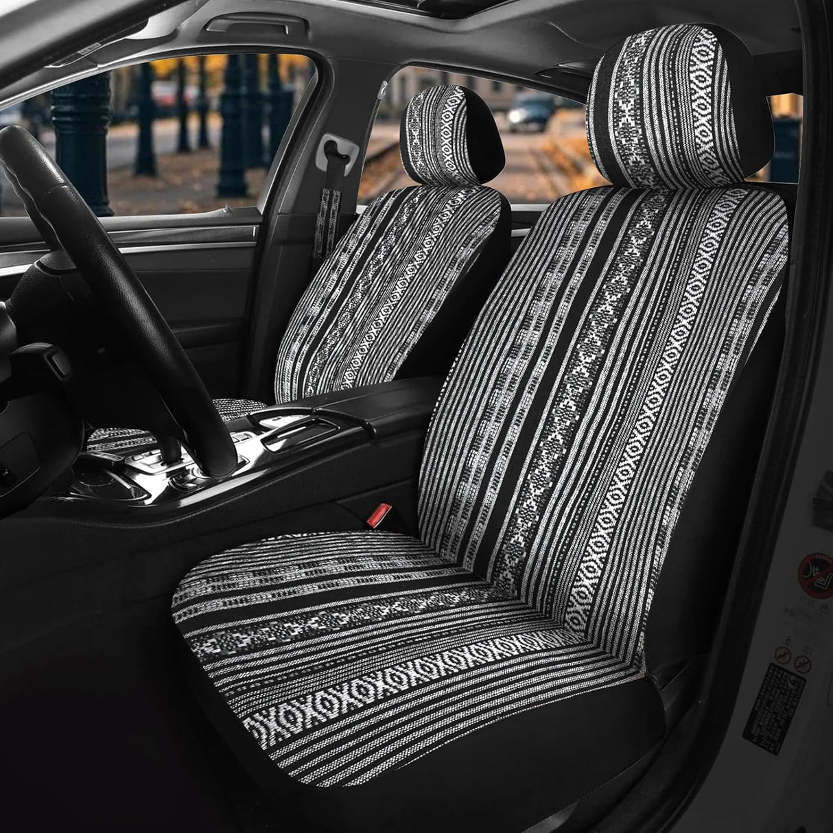 Car Seat Covers 2PCS Black Stripes Baja Saddle Blanket with Shoulder Pads Breathable Washable Striped Woven Airbag Compatible Universal for Cars SUV Truck Front Seat