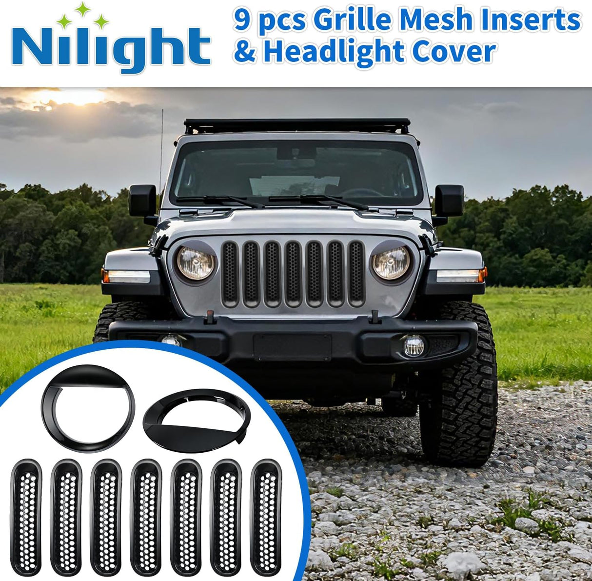 Grill Inserts fit for Jeep Wrangler Front Grille Mesh Inserts & Headlight Cover Set for JK JKU Unlimited Sports Sahara Freedom Rubicon 2007-2018 Clip-in Trim Exterior Accessories Black 9 Pcs