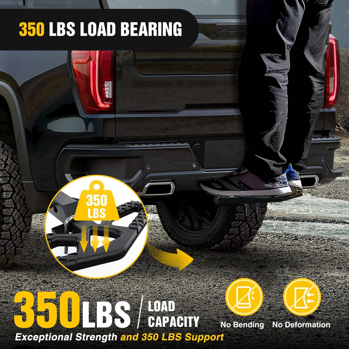 Tow Hitch Step Bar 2 Inch Receiver Bumper Guard Jeep Truck SUV Van | Rear Bumper Protector Heavy Duty Steel 350lbs Capacity Wide Non-Slip 5/8 Inch Pin Clip Anti-Rattle Stabilizer Rust-Resistant