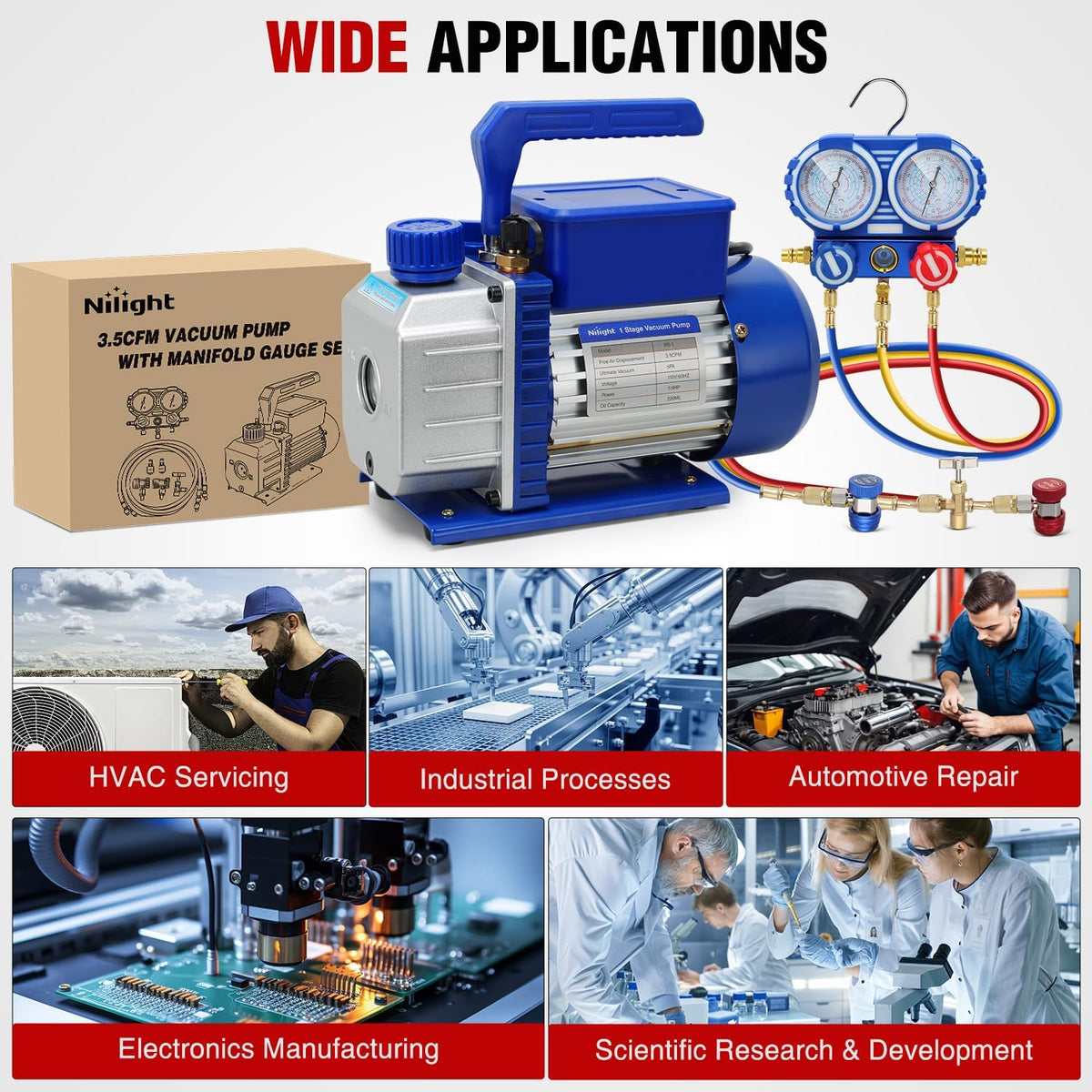 AC Vacuum Pump and Gauge Set, 3.5 CFM 1/4 HP 110V Single Stage HVAC Vacuum Pumps & Manifold Gauge Set Kit for R22 R404a R134a R410a, for Auto Air Conditioning Servicing Refrigerant Recharging