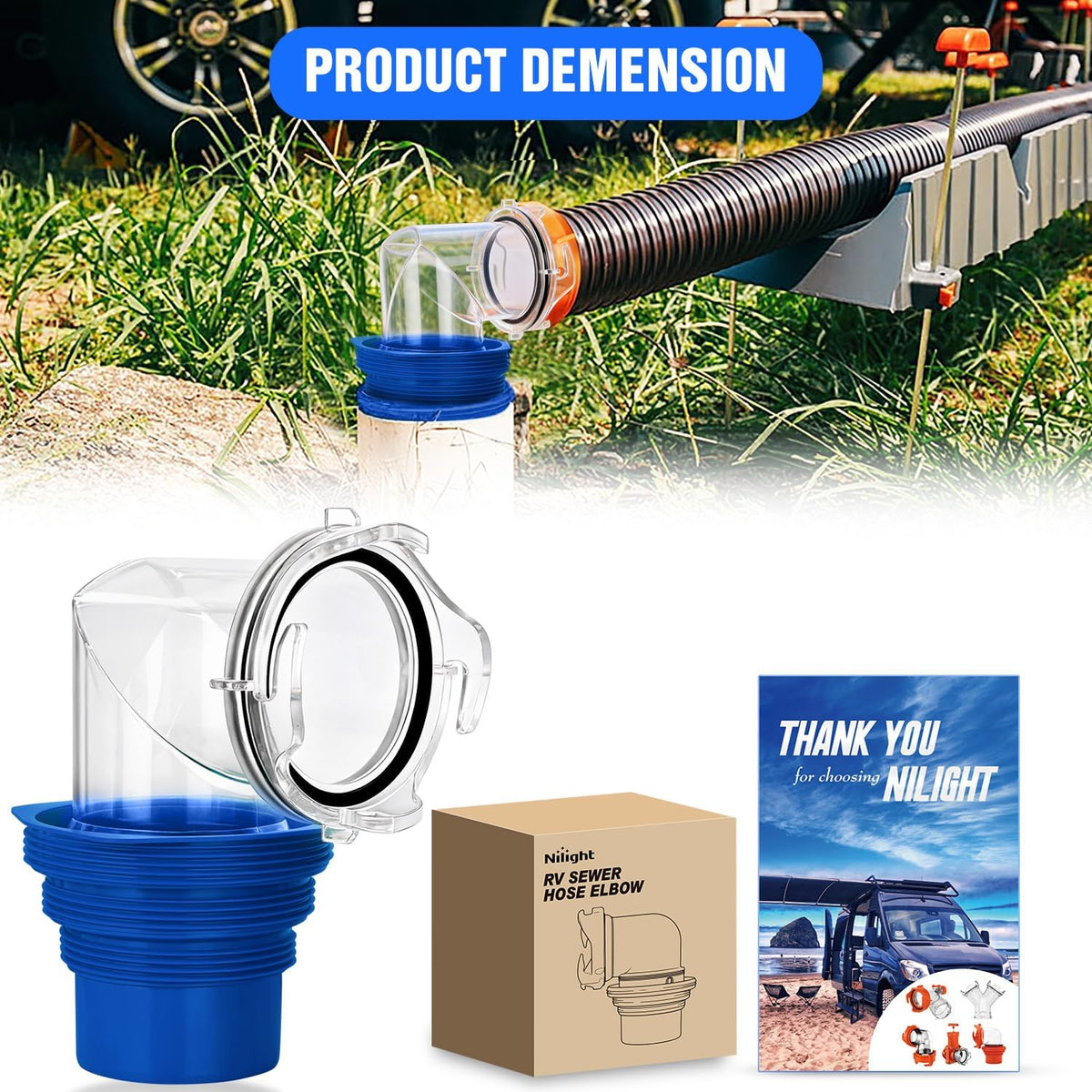 90 Degree RV Sewer Hose Fittings with 4-in-1 Adapter, Clear RV Sewer Hose Elbow Leak-Proof Connection & Odor-Tight Seal Fits 4 Sizes of Dump Station Inlets for Campers Travel Trailers, Blue