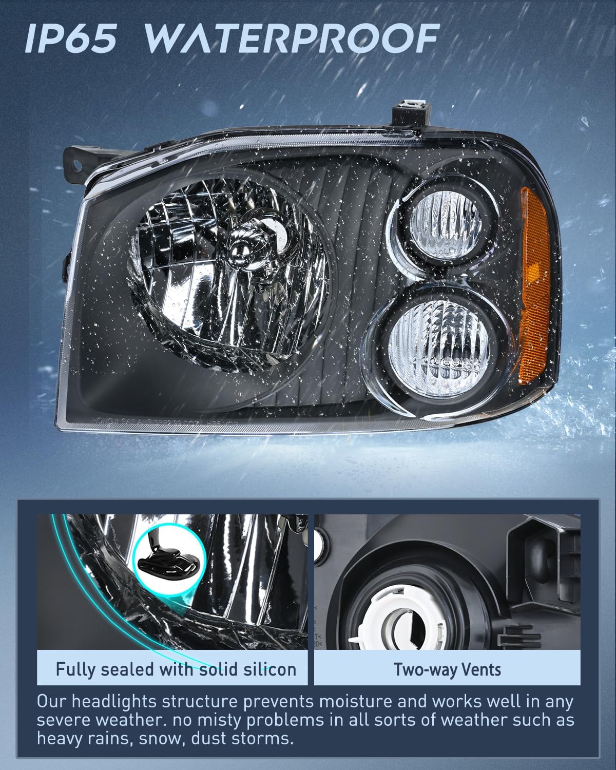 Headlight Assembly Compatible with 2001 2002 2003 2004 Nissan Frontier XE OE Style Replacement Halogen Headlights Black Housing Amber Reflector Clear Turn Light Headlamp Passenger and Driver