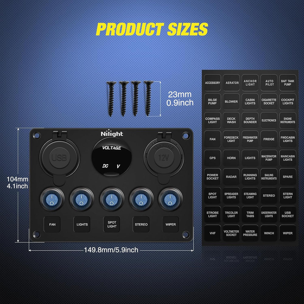 5Gang Multi Function Switch Panel PD Type C USB Charger Digital Voltmeter Nilight