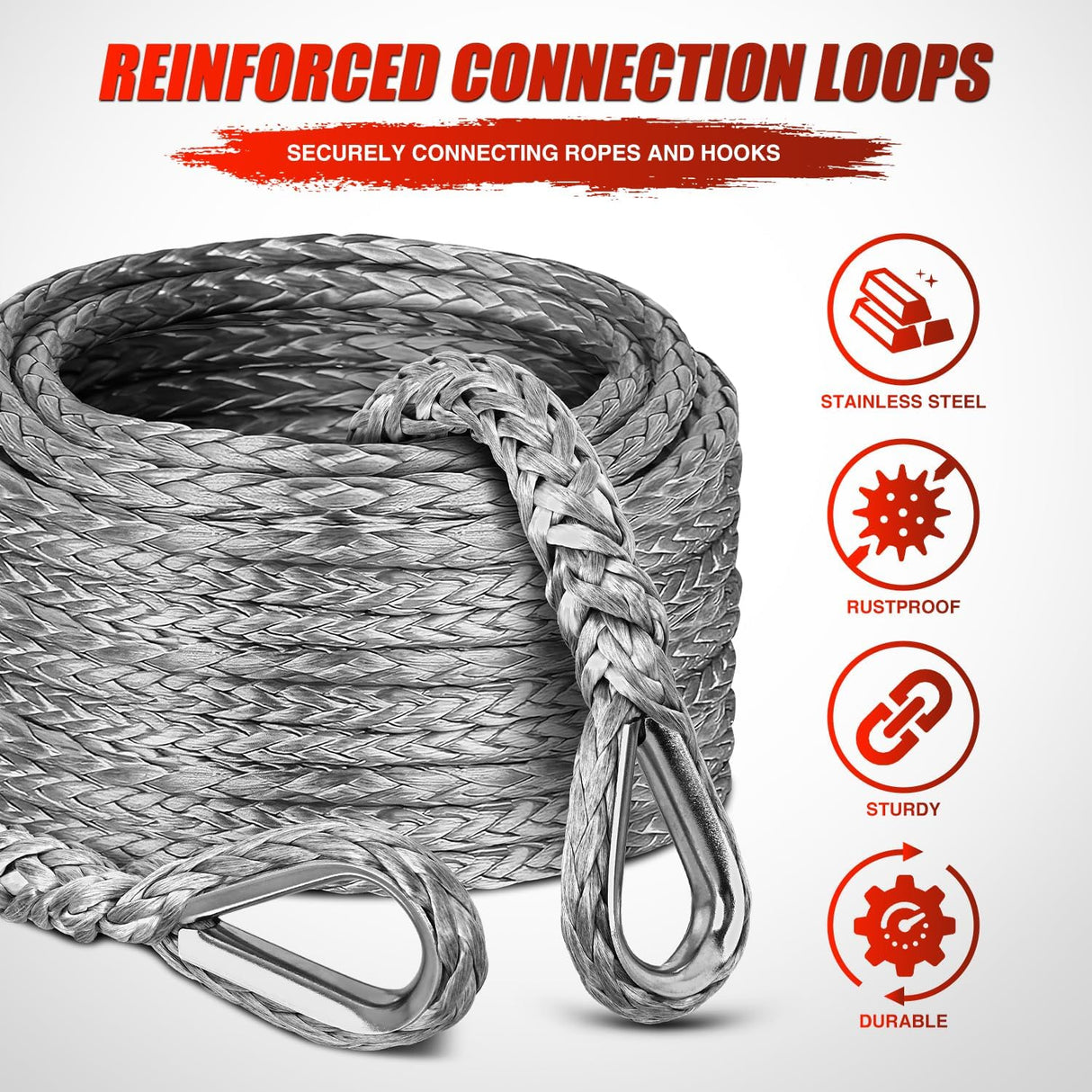 Winch Rope Synthetic Winch Rope Extension 3/8 Inch x 50 Feet 25,000 Lbs ATV Winch Extension Cable Replacement Tow Ropes Line for Off Road Vehicle Polaris ATV UTV Truck SUV Jeep, Grey