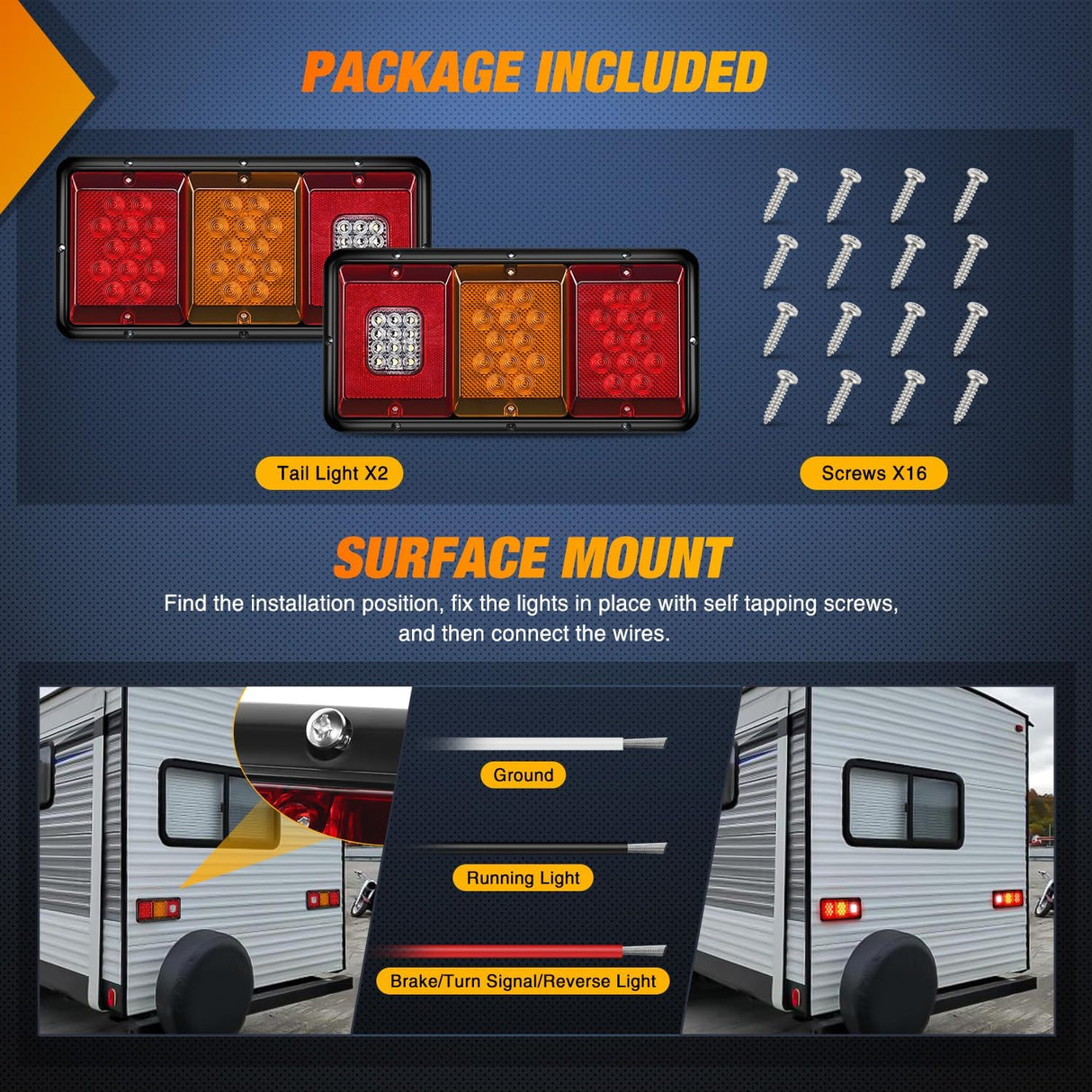 LED Triple Tail Lights 2PCS Rectangle Red Amber White Reverse | Surface Mount Waterproof Stop Brake Turn Signal Backup Lights for Trailer Camper Van RV Caravan Taillights