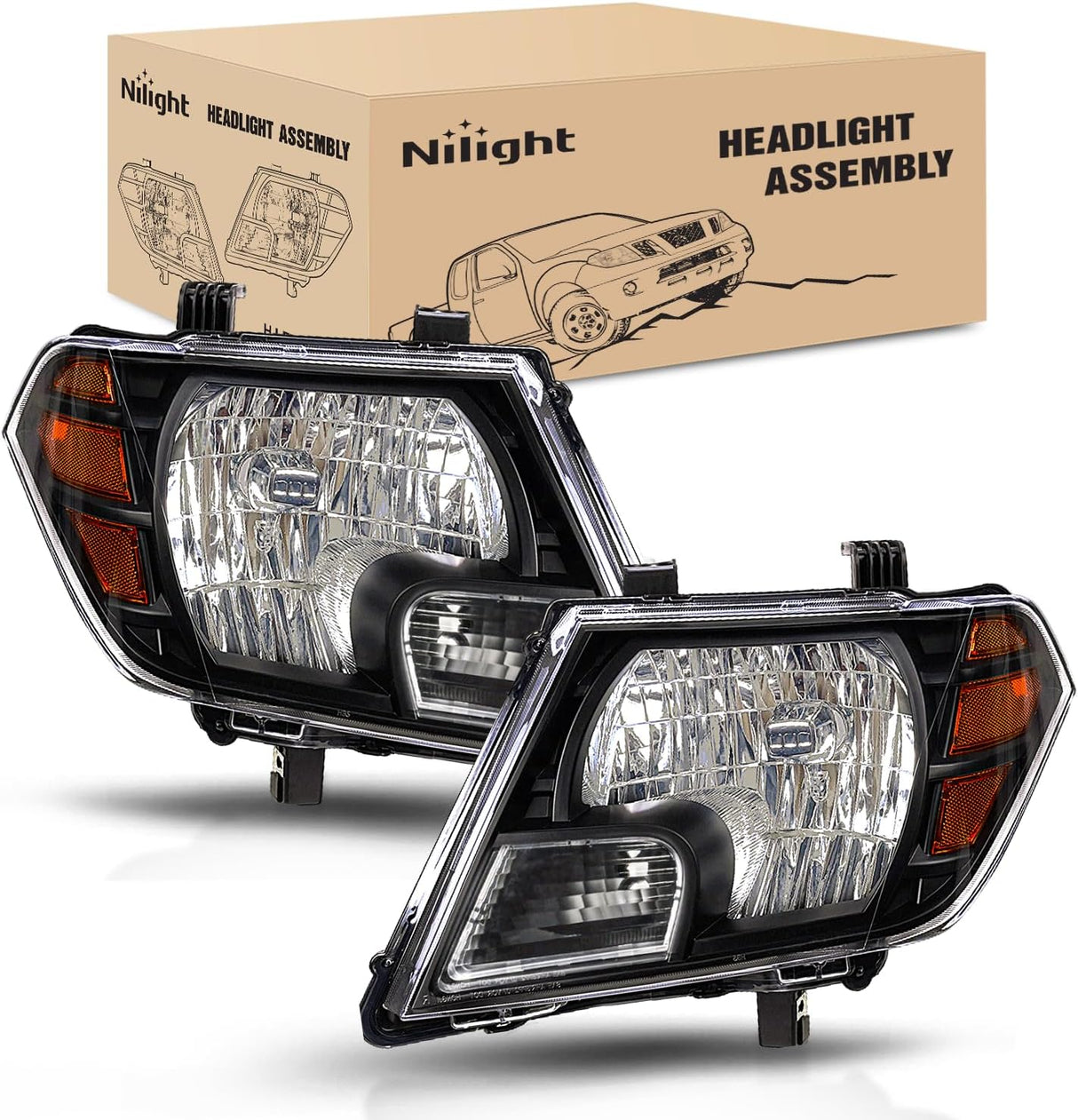 Headlight Assembly Compatible with 2009 2010 2011 2012 2013 2014 2015 2016 2017 2018 2019 2020 2021 Nissan Frontier 4-Door Sedan Black Housing Amber Reflector Passenger and Driver Side