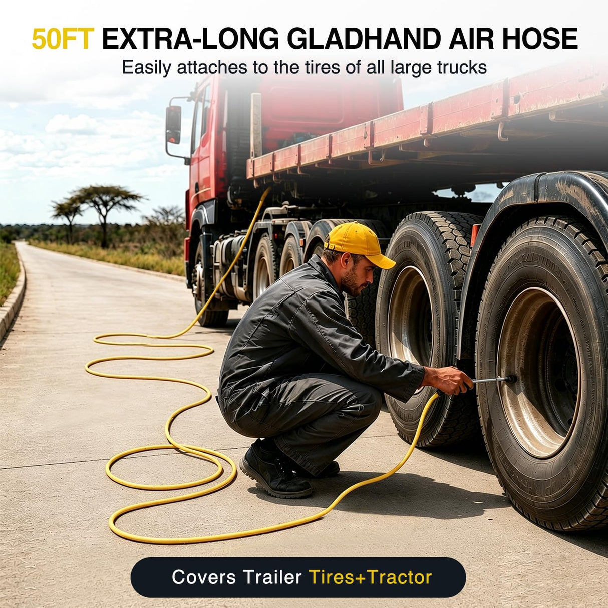 Heavy Duty Truck Tire Inflator Kit 3/8 in x 50 FT 300 PSI | Hybrid Air Hose with Universal Glad Hand and Air Chuck Lightweight Kink Resistant Semi Trailer Tractor Tire Inflation Hose