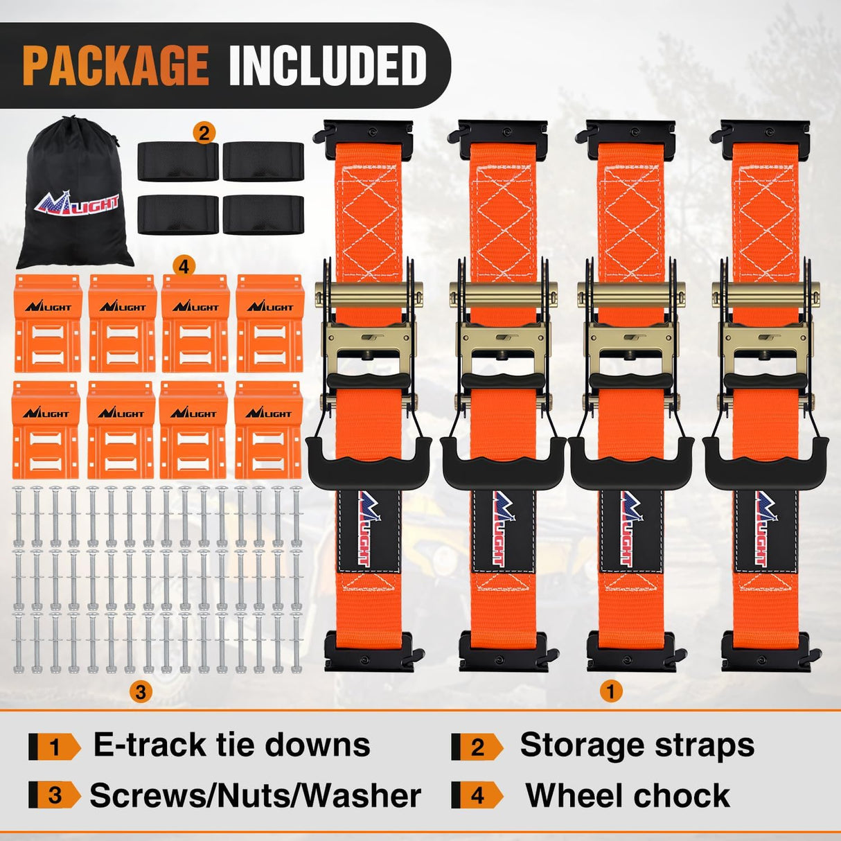 Wheel Chock Tie Down Kit 4500lb Break Strength 4Pcs E-Track Ratchet Straps 8 Pcs Heavy Duty Trailer Tire Straps System for ATV, UTV, Lawn Mower,SXS 10 in-30 in Diameter Tires Orange