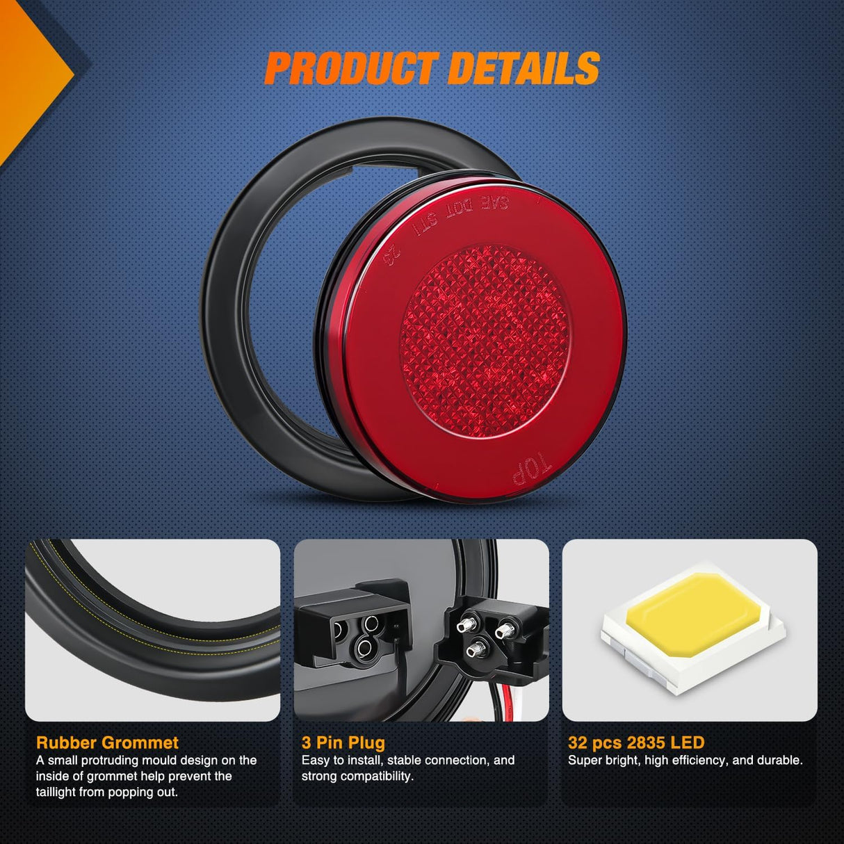 Trailer Tail Lights 2PCS 4Inch Round 32LED Red Halo Ring | Grommet Mount IP67 Waterproof Marker Clearance Stop Brake Turn Running Taillights for Trailer Truck Pickup Camper RV