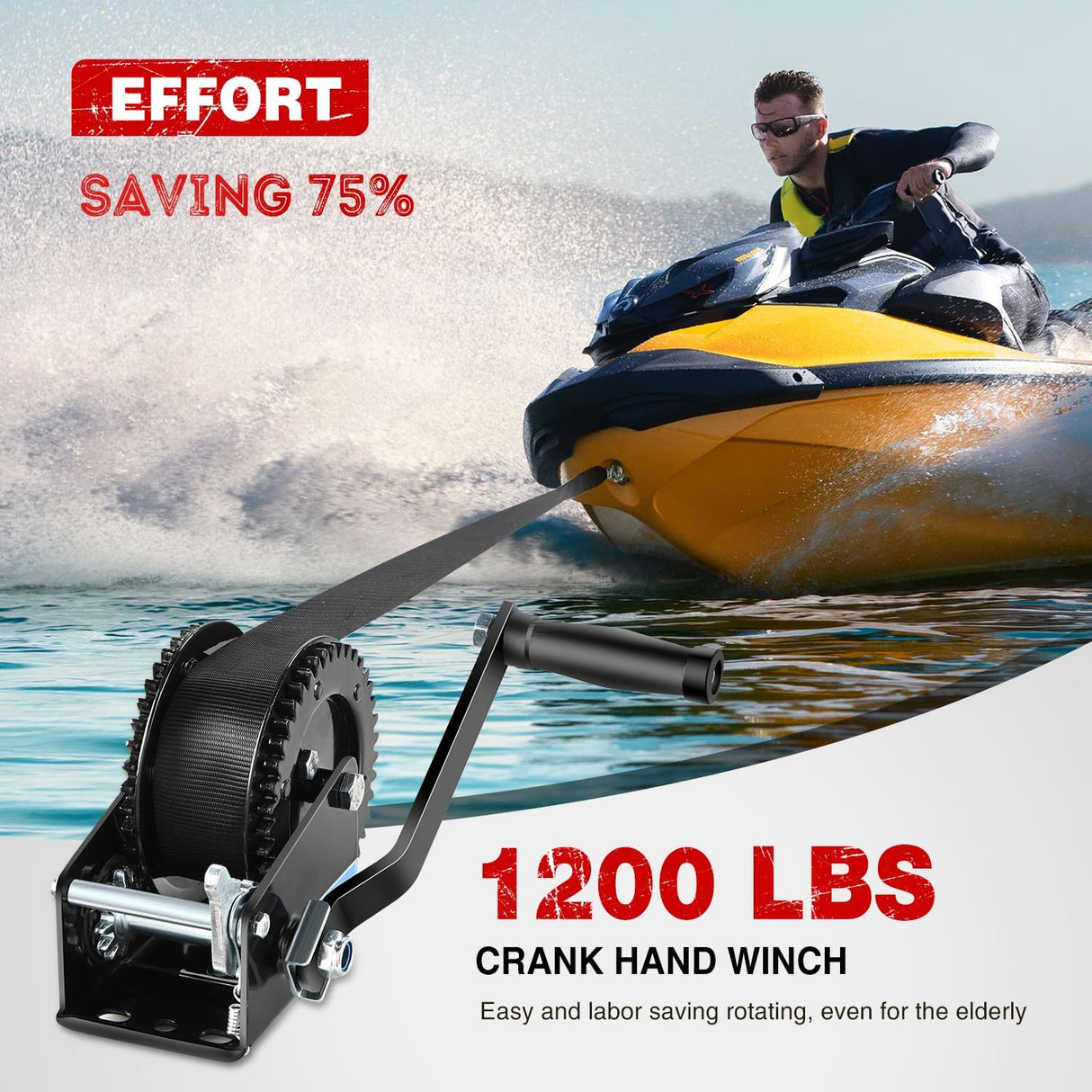 Boat Trailer Winch 1200 Lbs Hand Crank Winch Heavy Duty Boat Winches with 23Ft Strap Rope Hook 2-Way Ratchet 4:1 Gear Portable Marine Manual Winch for Trailers Boats RV ATV Jet Ski Towing