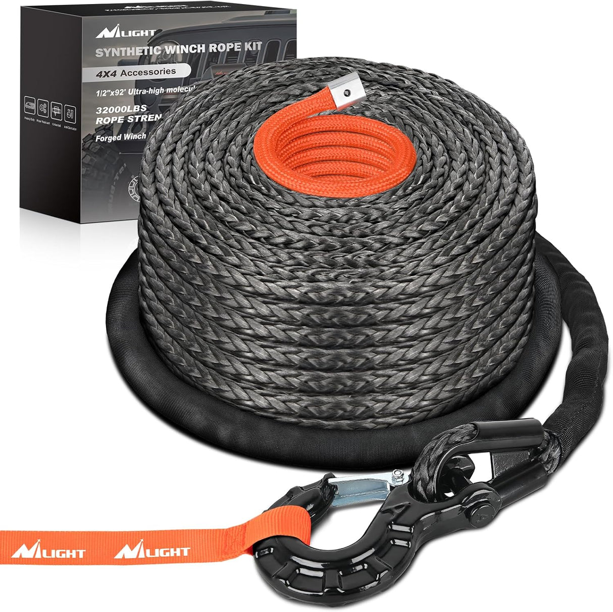 1/2 Inch x 92 Inch Synthetic Winch Rope 32,000 lbs Winch Line Cable Ropes Kit with Thimble Protective Sleeve 35000lb Heavy Duty Winch Hook for SUV 4WD Off Road Vehicle Truck ATV UTV, Black & Orange