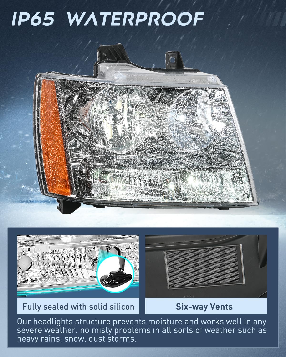 Headlight Assembly for 2007 2008 2009 2010 2011 2012 2013 2014 Chevy Avalanche Tahoe Suburban 1500 2500 Replacement Headlamp Bumper Lamp Set Chrome Housing Amber Reflector