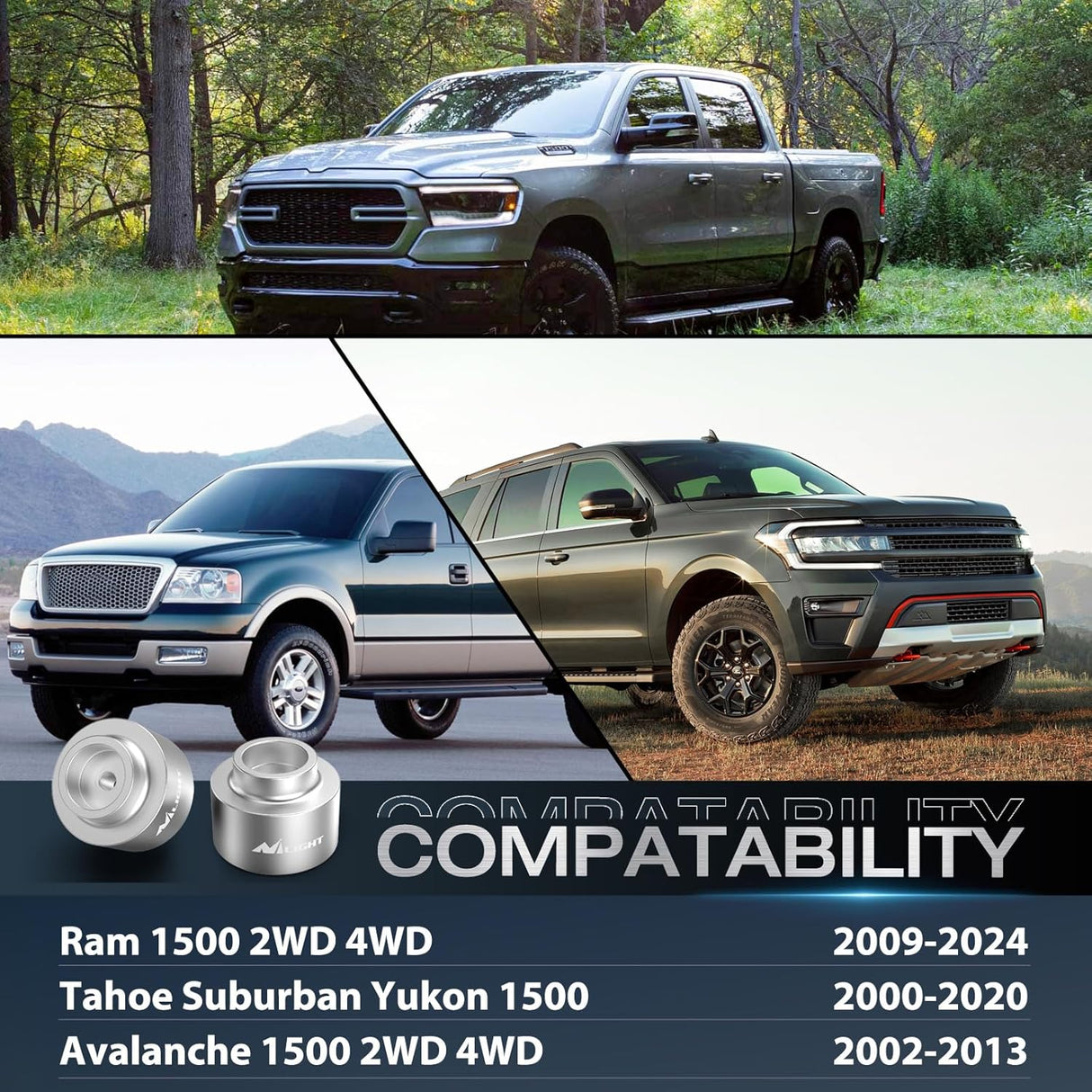 1.5inch Rear Leveling Kit for 2009-2023 Ram 1500 2018 2019 2020 2021 2022 2023/2000-2020 Tahoe Suburban Yukon 1500/2002-2013 Avalanche 1500 2WD 4WD Rear Raise Suspension Strut Spacers