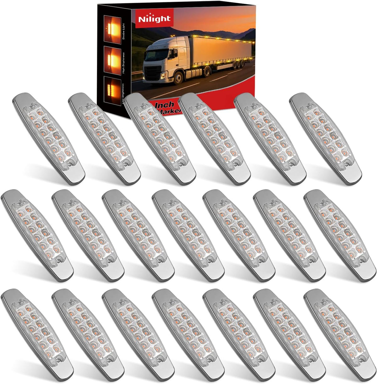 6.3 Inch Amber Rectangle Side Marker Light, White Lens, High Low Strobe | 12 LED IP67 Waterproof Chrome Bezel 12V Surface Mount Marker & Clearance Light Fits Pickup Trucks Trailers RVs Boats,20 Pack