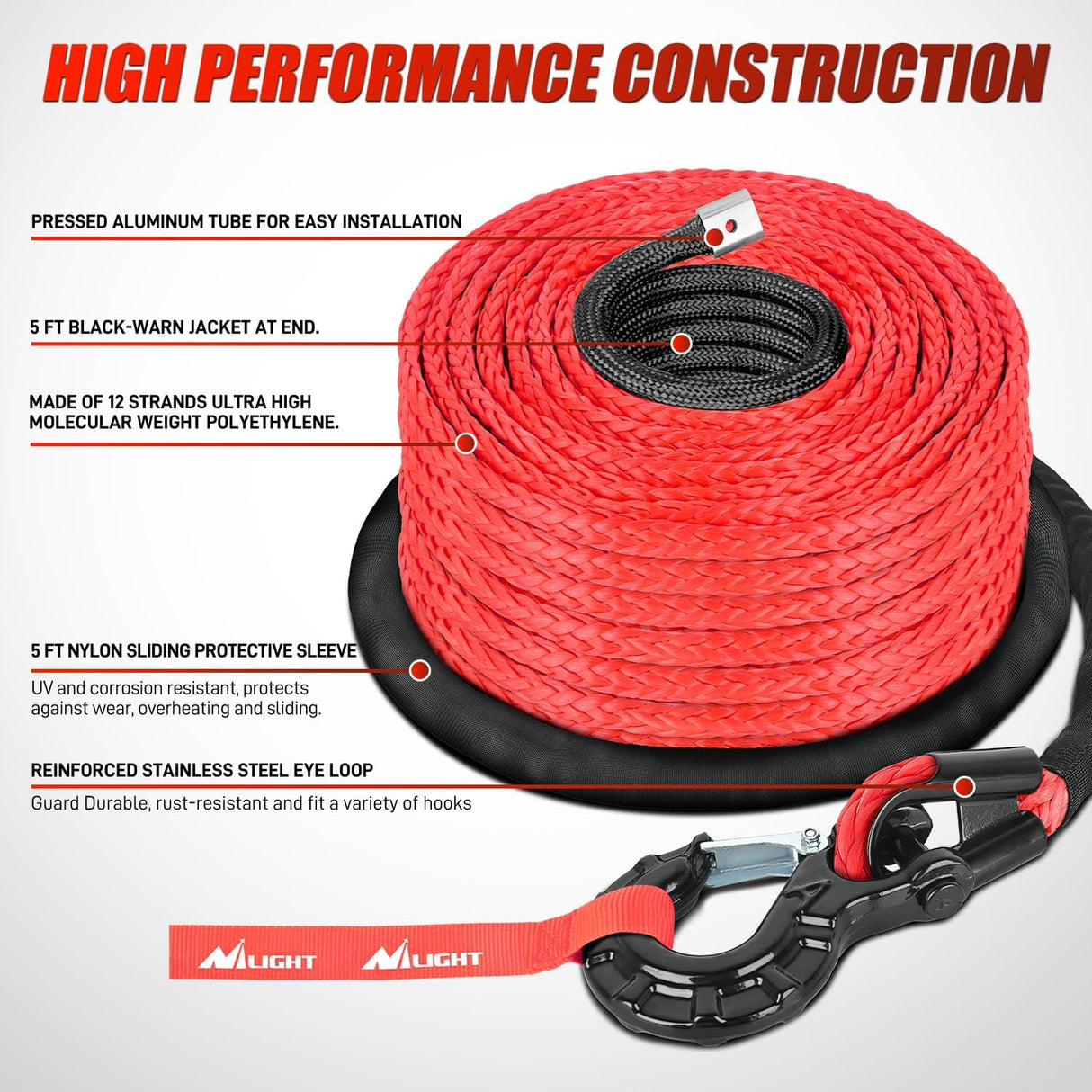 1/2 Inch Synthetic Winch Rope 85 Feet 32,000 lbs Line Cable Kit With Thimble Protective Sleeve Forged 35000lb Hook Universal for SUV 4WD Off Road Vehicle Truck ATV UTV, Red & Black
