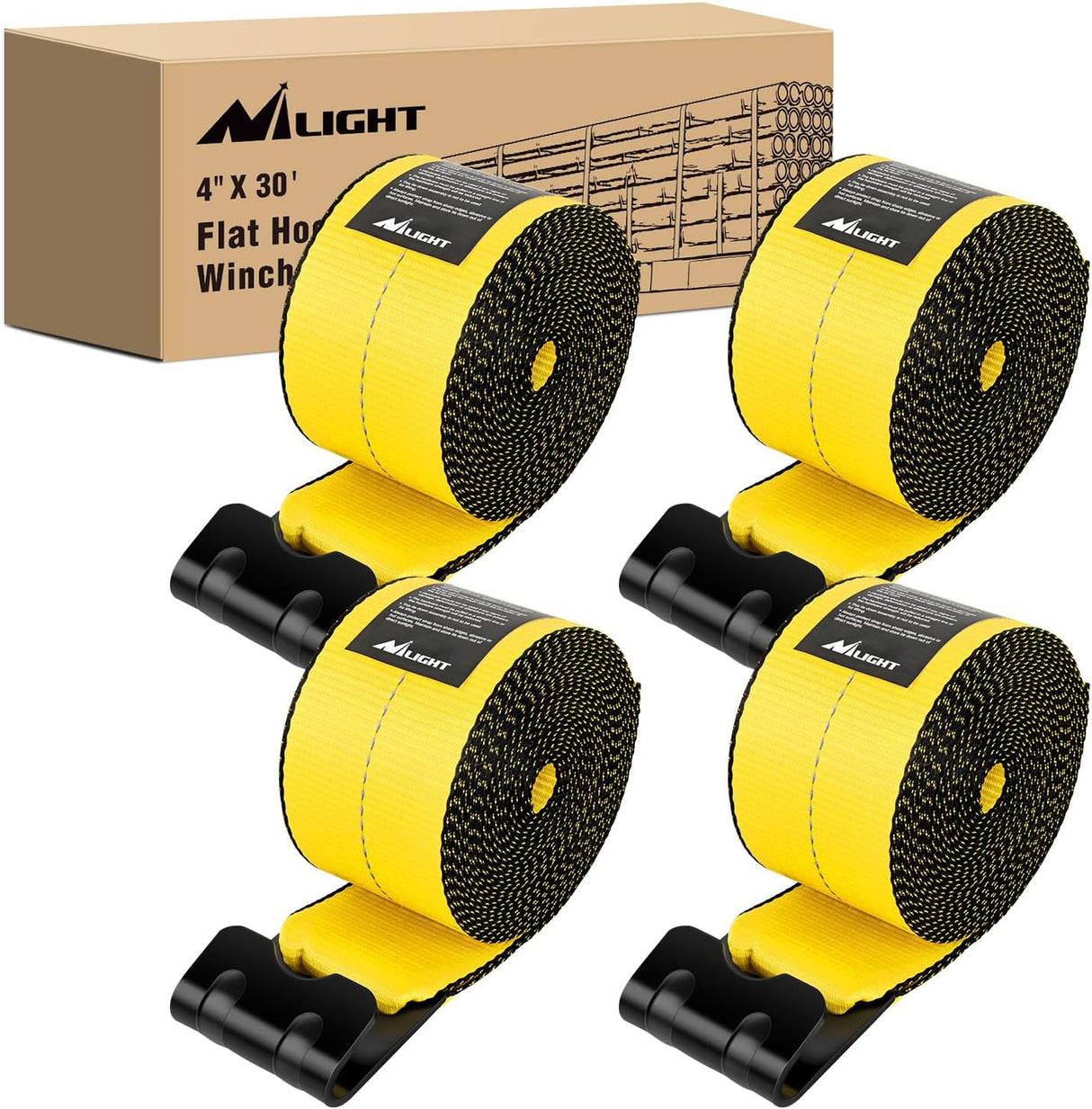 Truck Straps 4 Inch x 30' Heavy Duty Tie Down with Flat Hooks | 16800LBS Break Strength & 5400LBS WLL for Flatbed Trailer Cargo Control Recovery Tree Saver 4 Pack Yellow