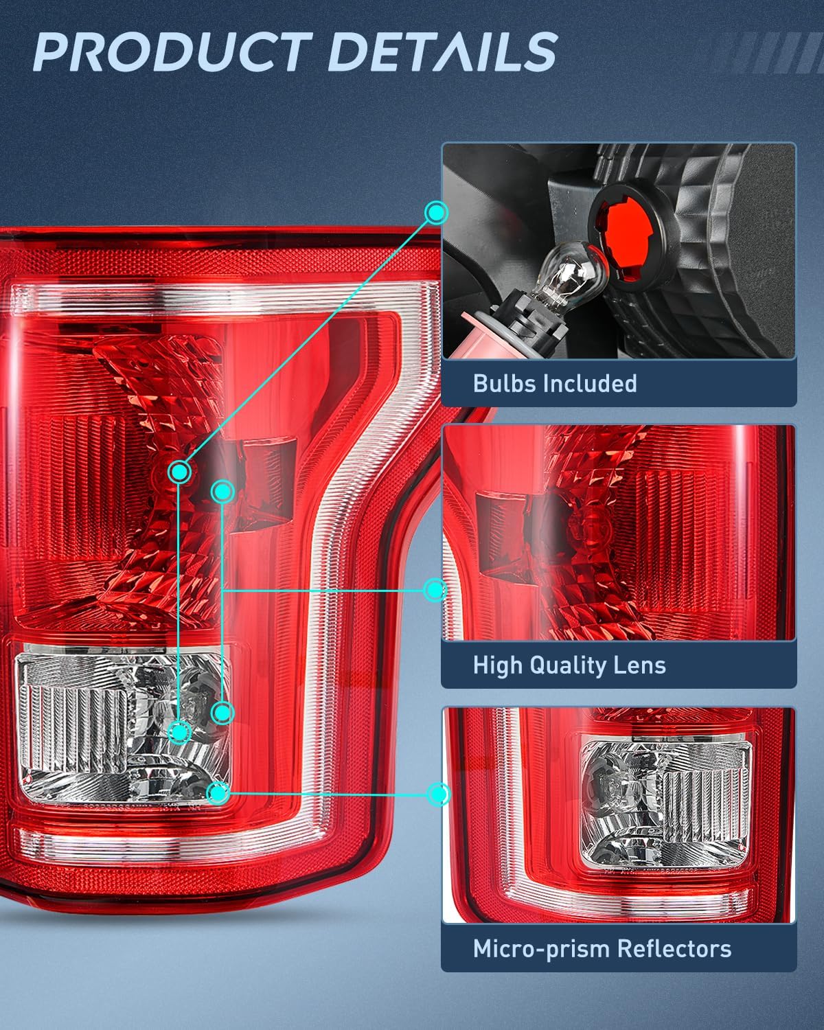 2015-2017 Ford F150 Taillight Assembly Rear Lamp Replacement OE Style Red Housing with Bulbs and Harness Passenger side Nilight