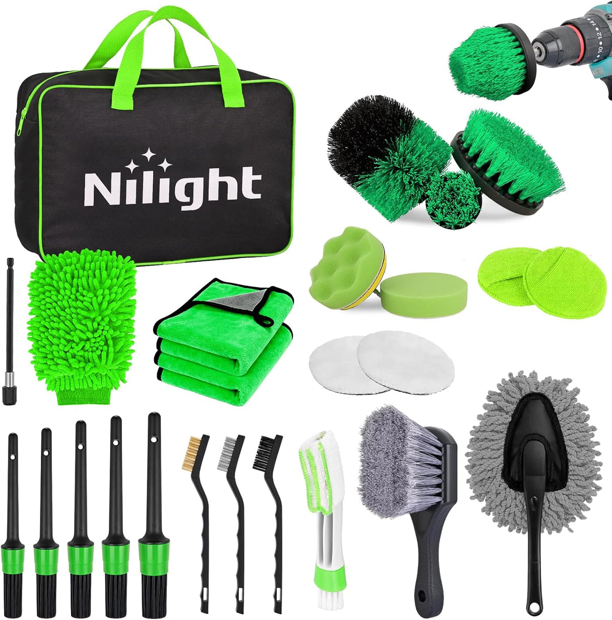 Automotive Tools 27PCS Car Detailing Kit Auto Cleaning Tools Wash Set with Storage Carry Bag Home Use for Interior Exterior Deep Clean Polish Car Care Windshield Dashboard Seat Air Vents Wheels Tires, Green
