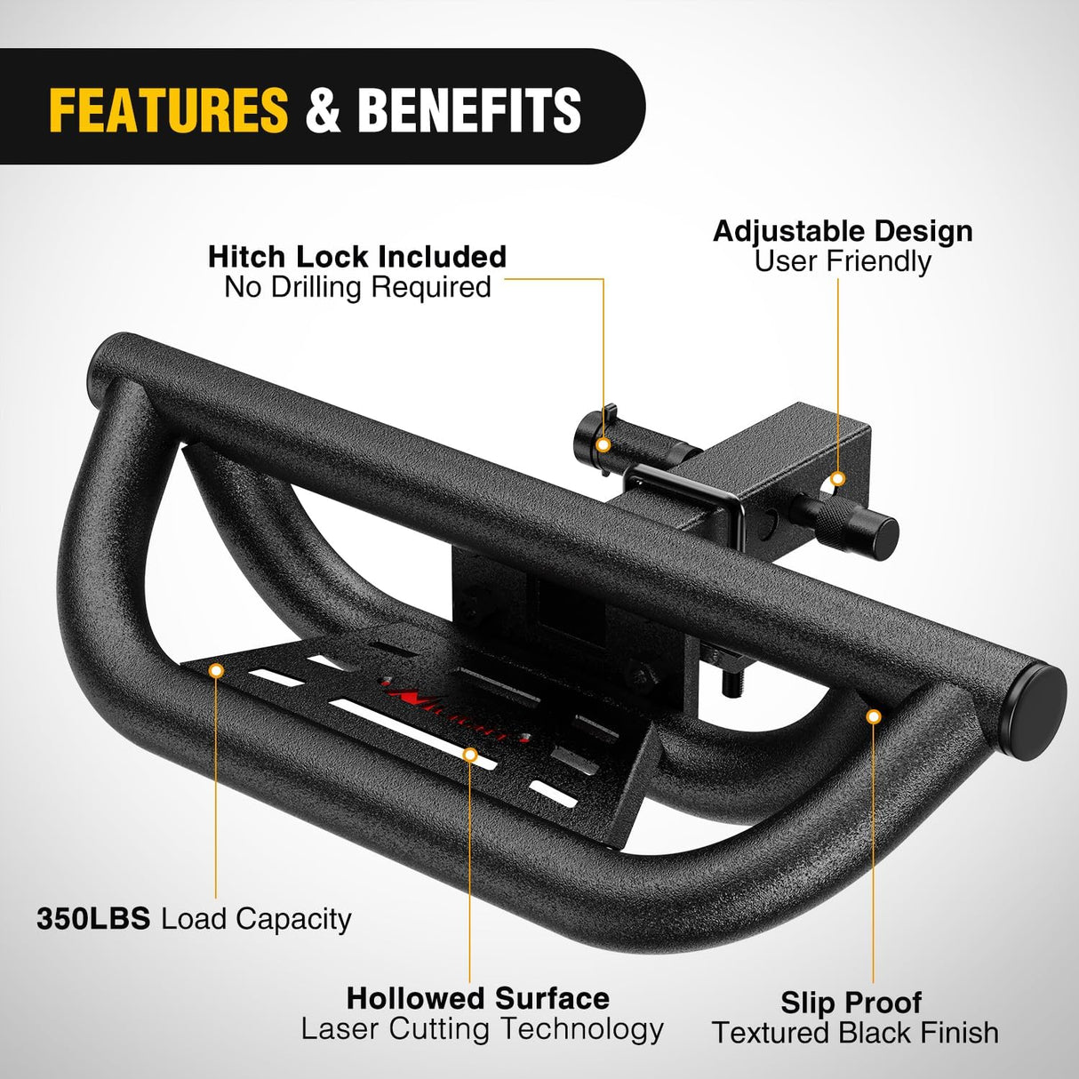 Universal Hitch Step Textured Black Drop Trailer Hitch Step Fit 2 Inch Receiver with Hitch Lock Stabilizer Towing Bar Rear Bumper Guard Rated up to 350 Lbs for Pickups Trucks Vans SUVs ATVs